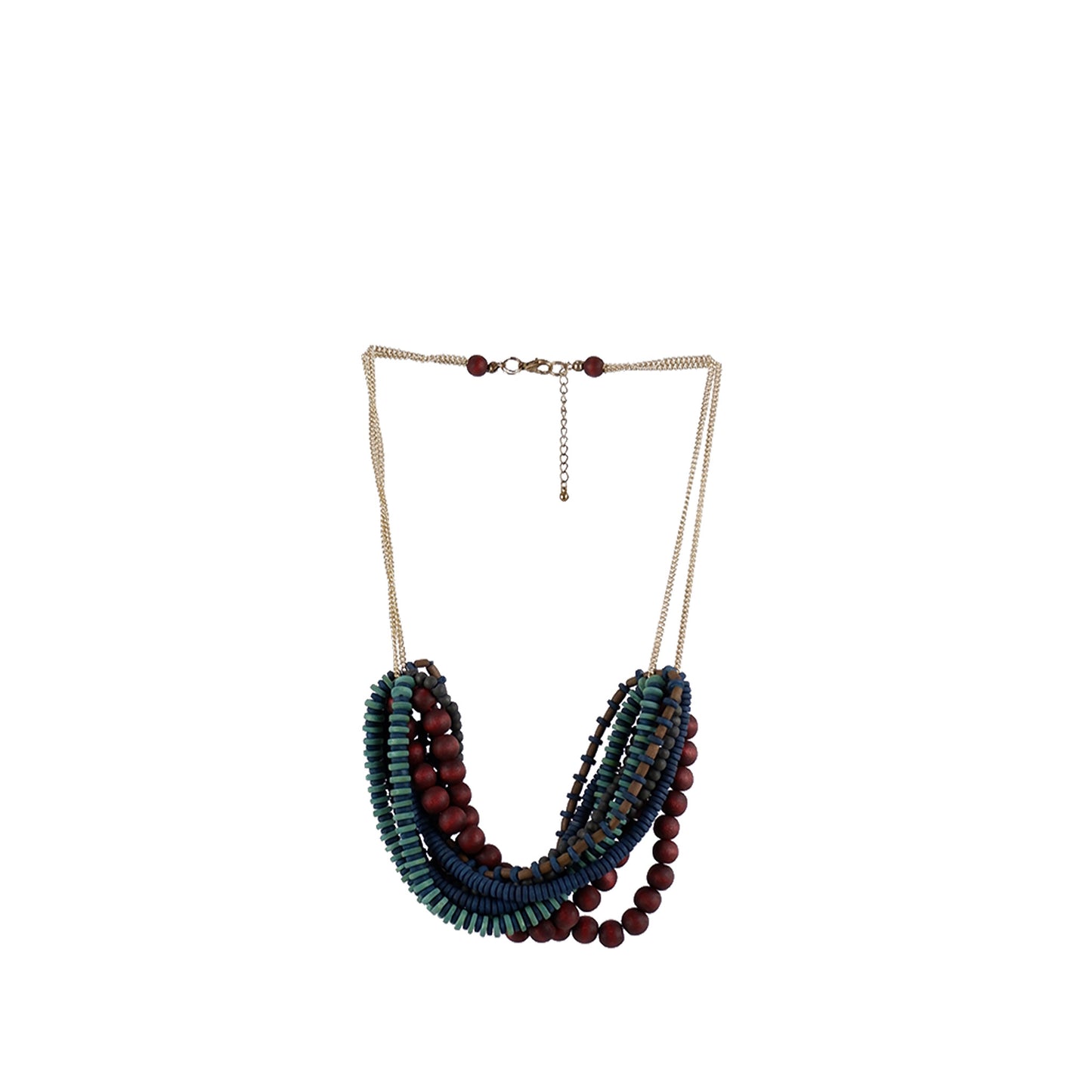 NK14361 - Handmade Wooden Necklace | Multi-Shaped Layered Design on Chain | Sustainable Statement Jewelry