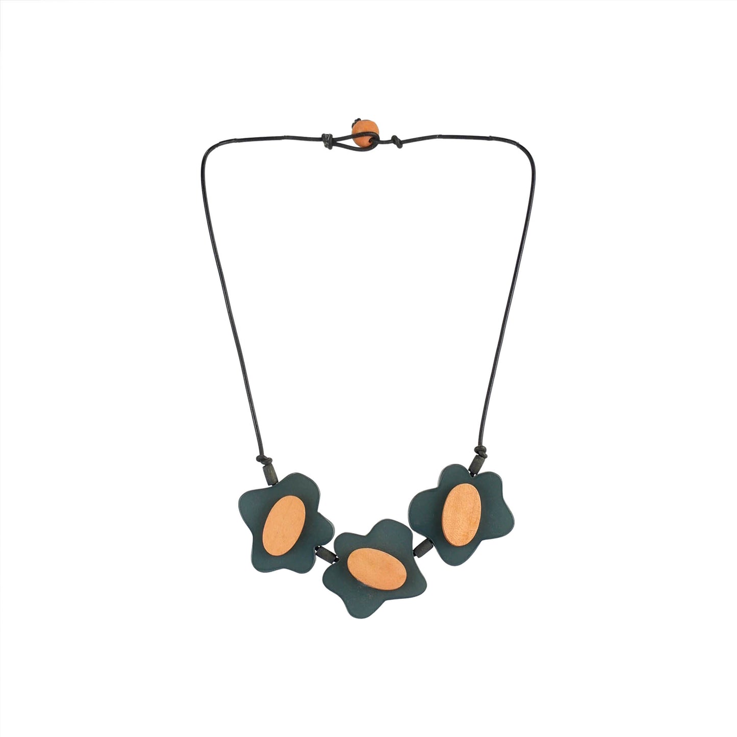 Handmade wood & acrylic necklace featuring a floral pendant in blue. Ethically crafted, lightweight, and perfect for boho-chic and eco-conscious fashion lovers."