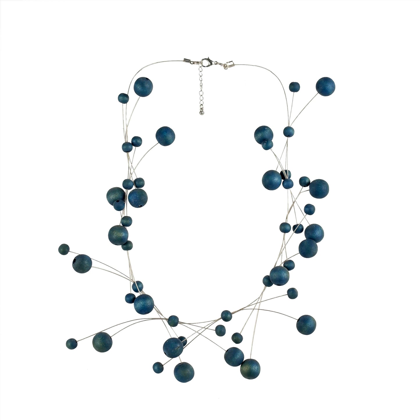 Handmade wooden bead necklace in blue featuring a constellation-inspired design. Ethically crafted, lightweight, and perfect for astrology lovers and boho fashion."