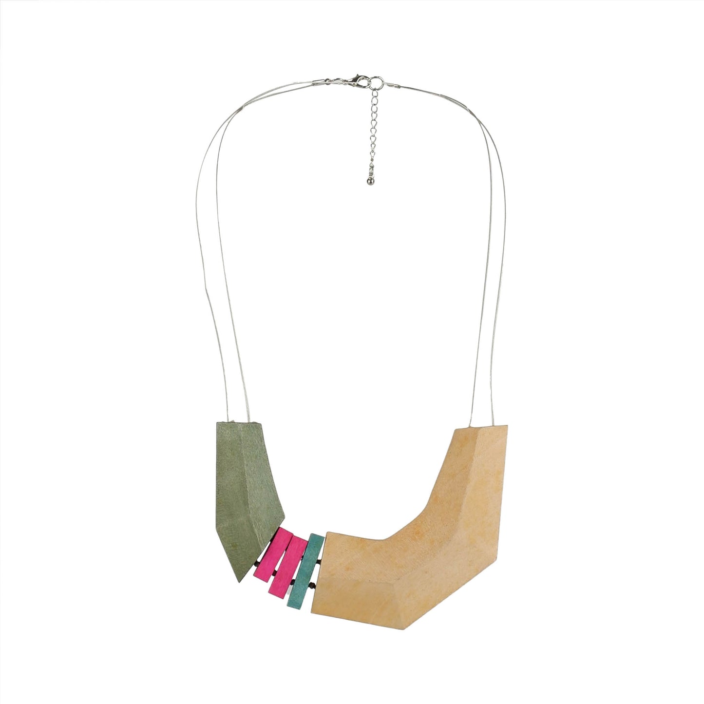 Handmade wooden necklace with a beige geometric pendant. Ethically crafted, lightweight, and designed for minimalist and boho-chic fashion lovers.