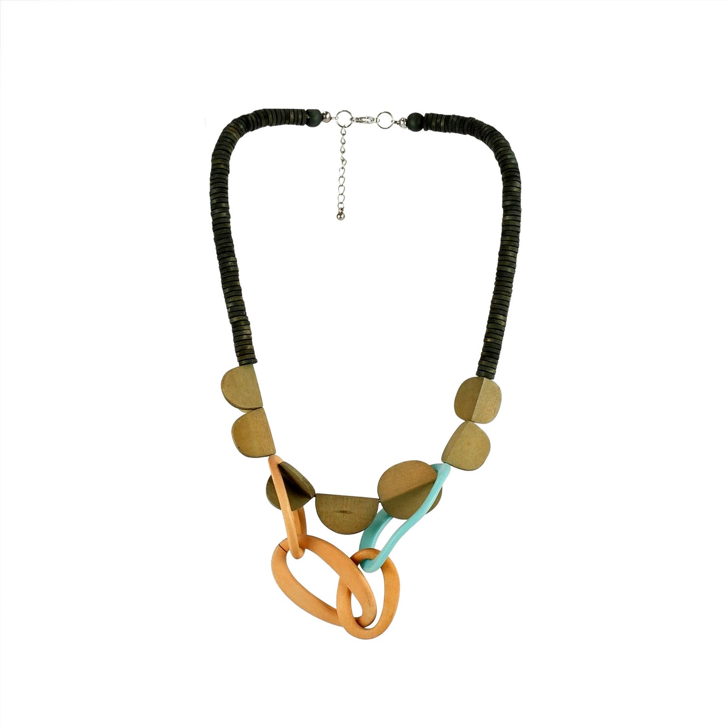 Handmade black and green wooden necklace featuring a chain-link inspired pendant. Ethically crafted, lightweight, and designed for modern, sustainable fashion lovers.