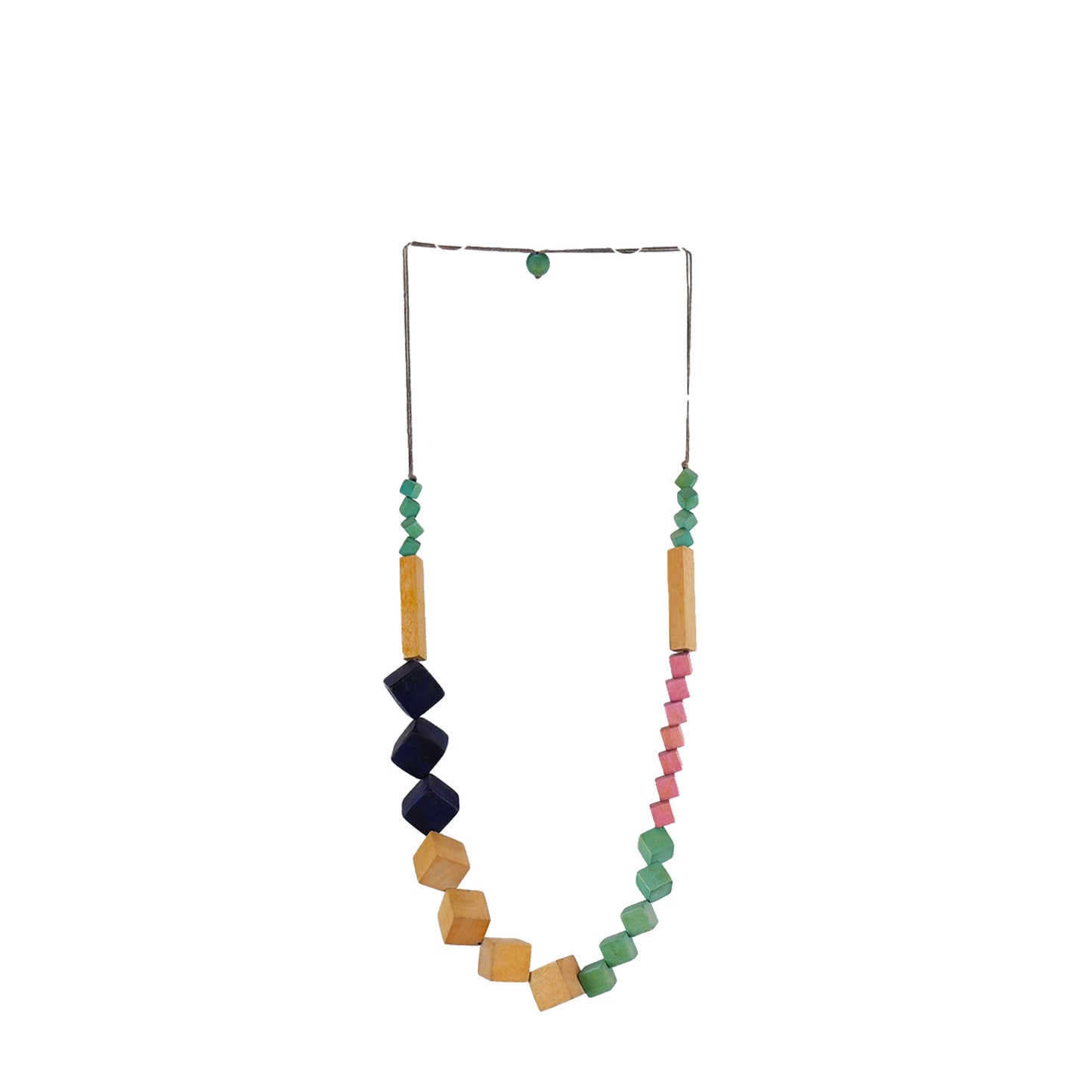 handmade wooden necklace featuring cube-shaped components in different sizes with navy blue accent. A unique, eco-friendly, artisan-crafted geometric jewelry piece.