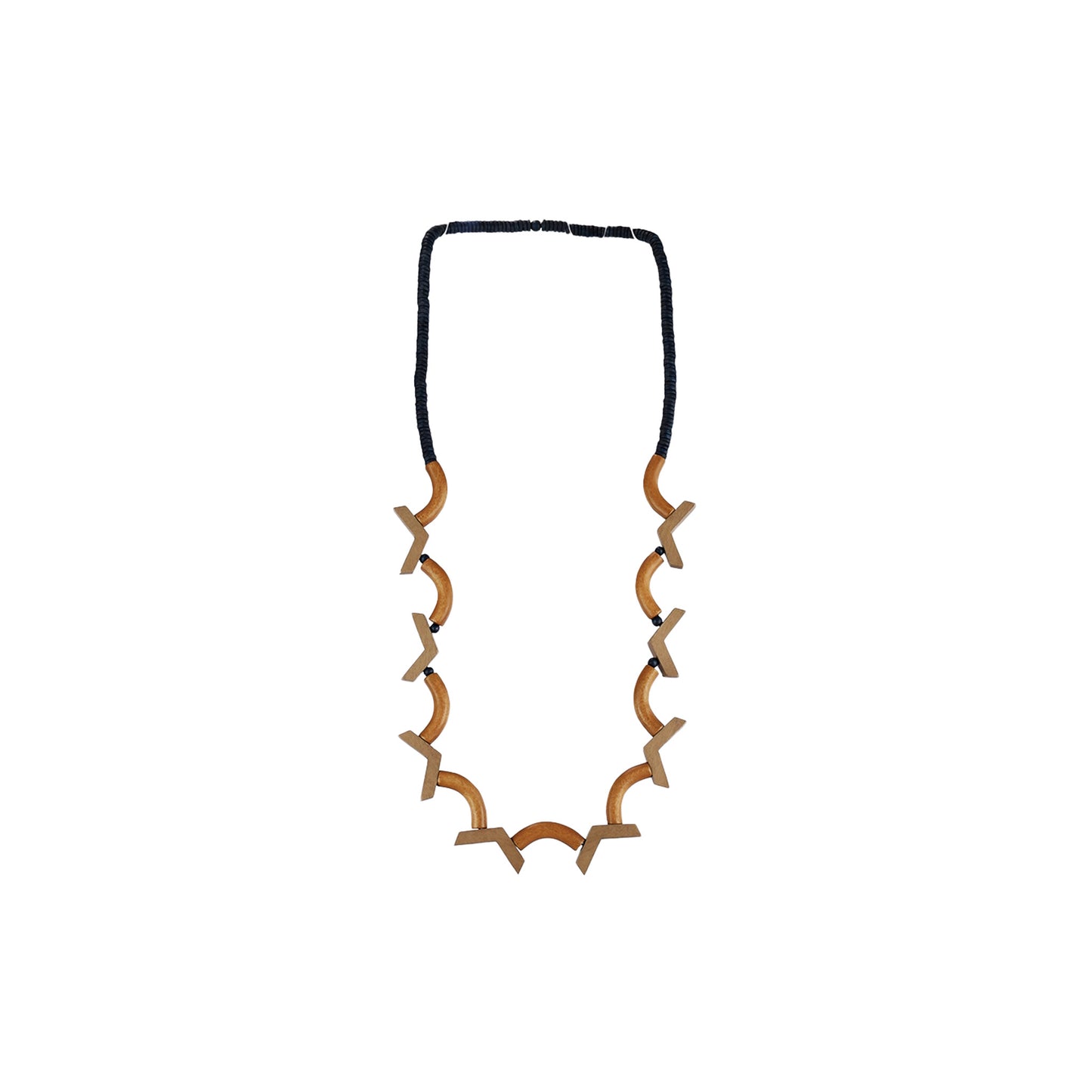 Handmade wooden necklace with curved and arrow-shaped components in brown. A unique, eco-friendly artisan-crafted statement piece made from sustainable wood.