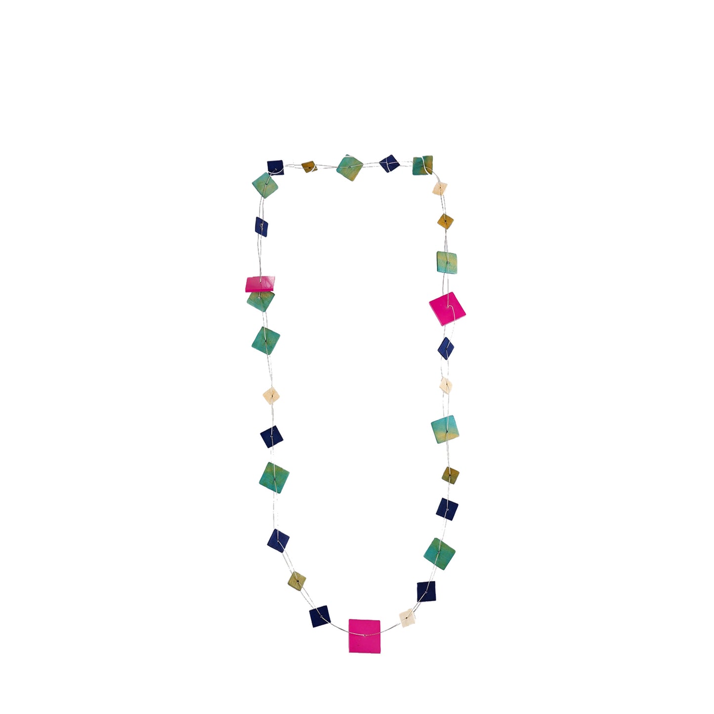 Handmade multicolor wooden necklace featuring flat square components. A unique, eco-friendly, artisan-crafted geometric jewelry piece with a modern design.