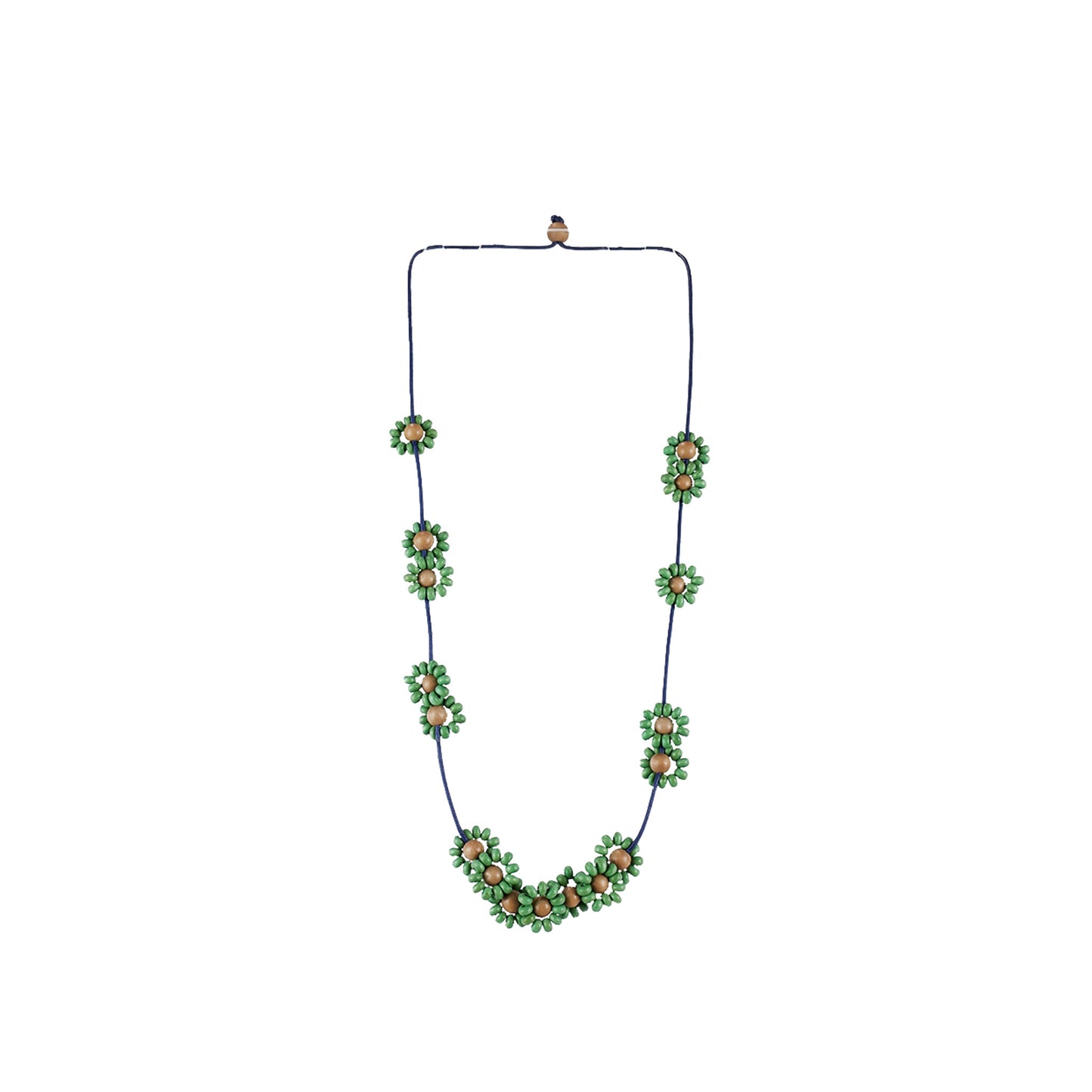 Handmade wooden necklace featuring mixed floral components in green. An eco-friendly, artisan-crafted accessory inspired by nature, made from sustainable wood.