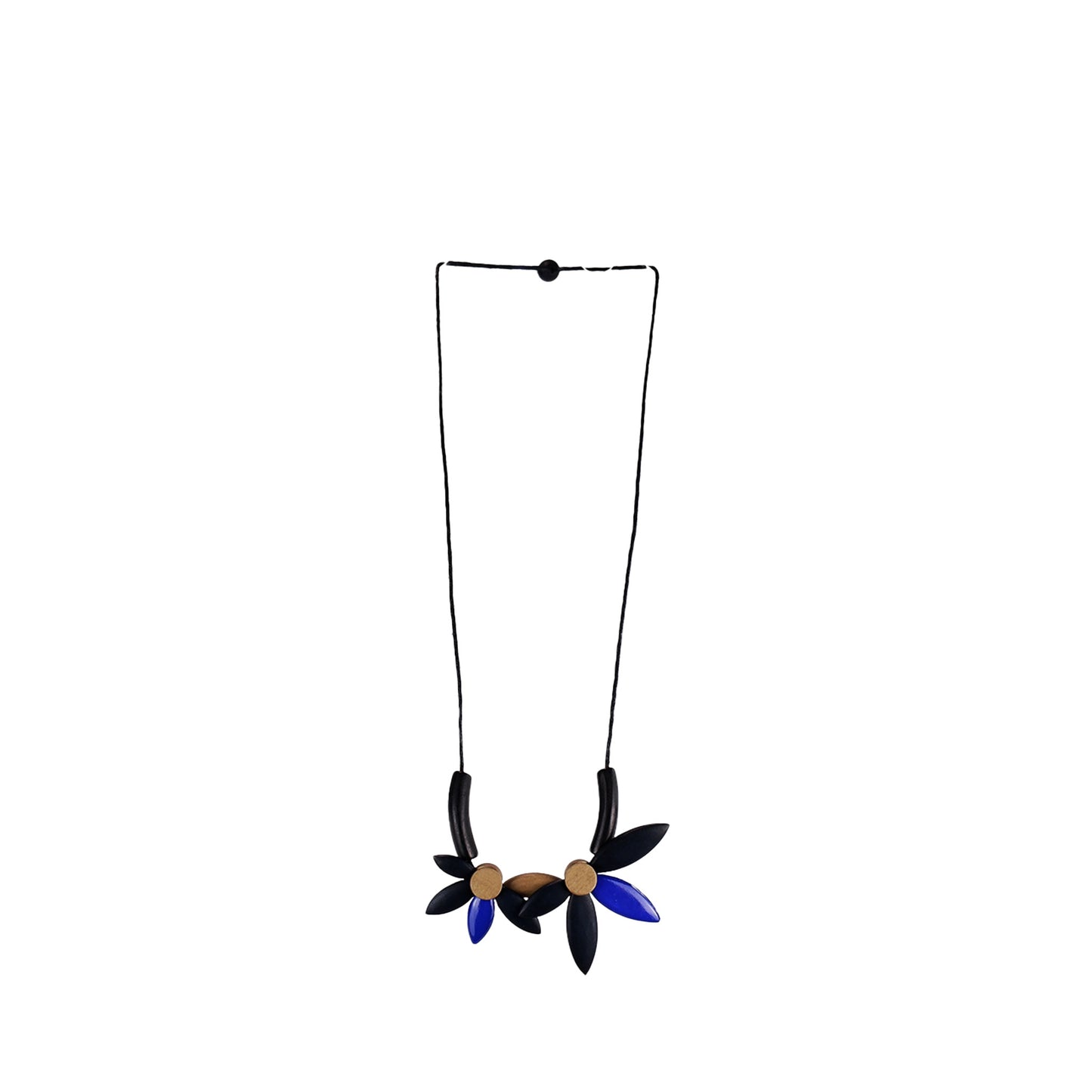 handmade wooden necklace featuring a floral pendant in blue. A unique, eco-friendly artisan-crafted jewelry piece made from sustainable wood, inspired by nature.