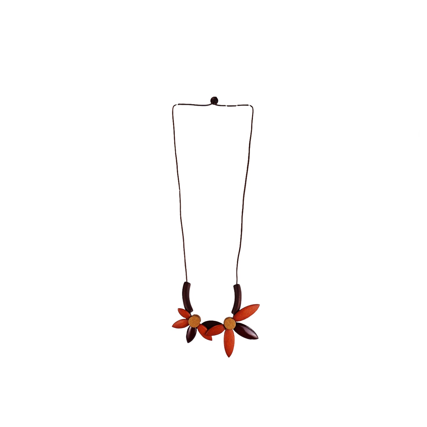 handmade wooden necklace featuring a floral pendant in orange. A unique, eco-friendly artisan-crafted jewelry piece made from sustainable wood, inspired by nature.