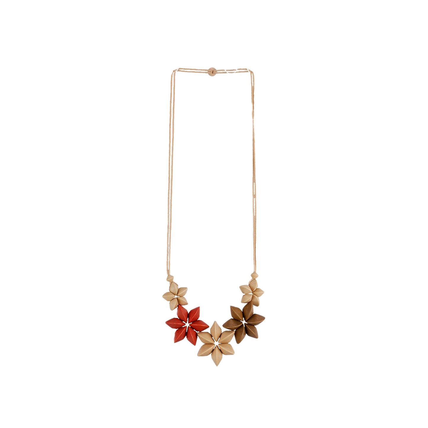 handmade wooden necklace featuring a floral pendant crafted from wooden saucer components in beige. A unique, eco-friendly, artisan-crafted nature-inspired jewelry piece.