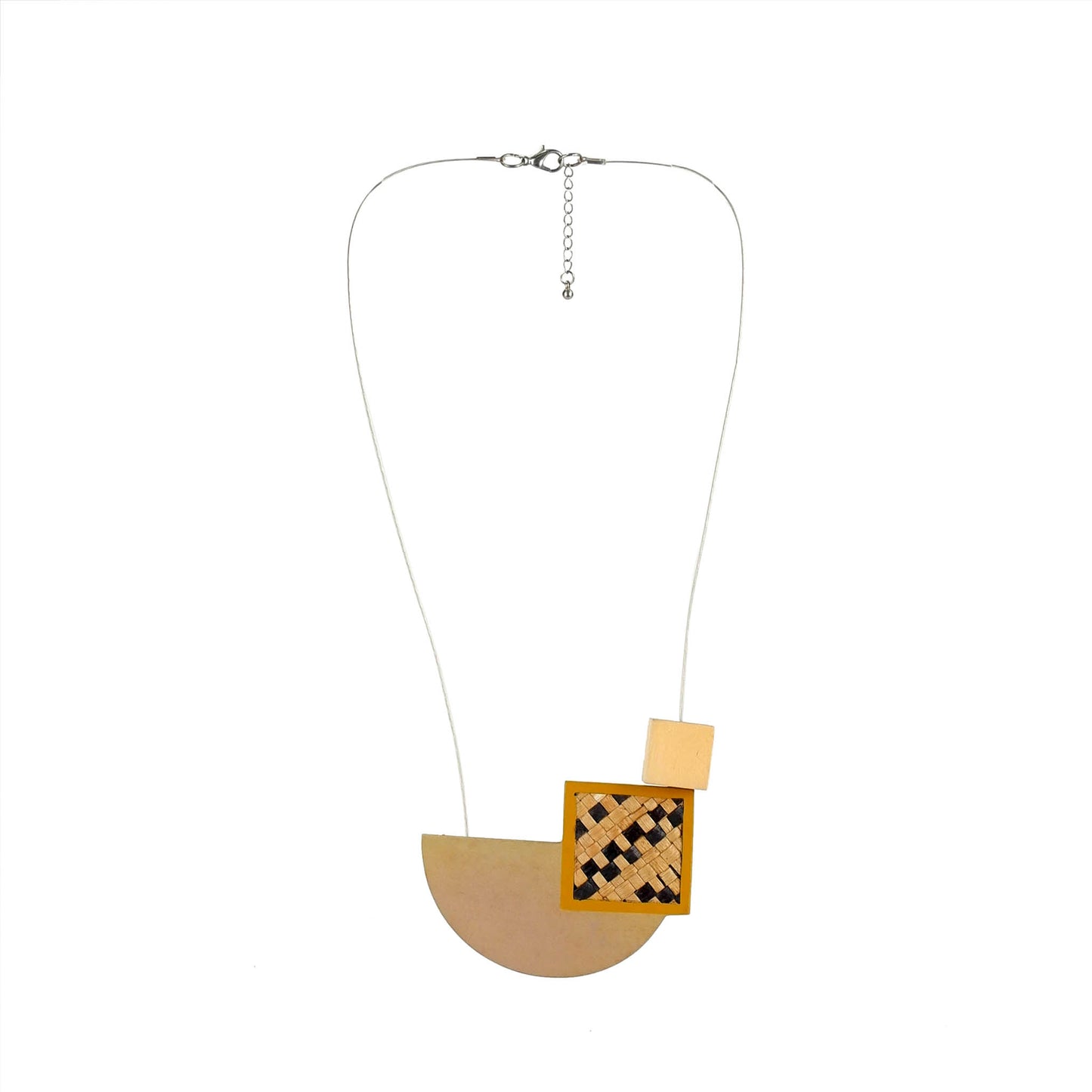 Handmade wooden necklace with beige geometric pendant and traditional banig accent. Artisan-crafted, lightweight, and eco-friendly statement jewelry.
