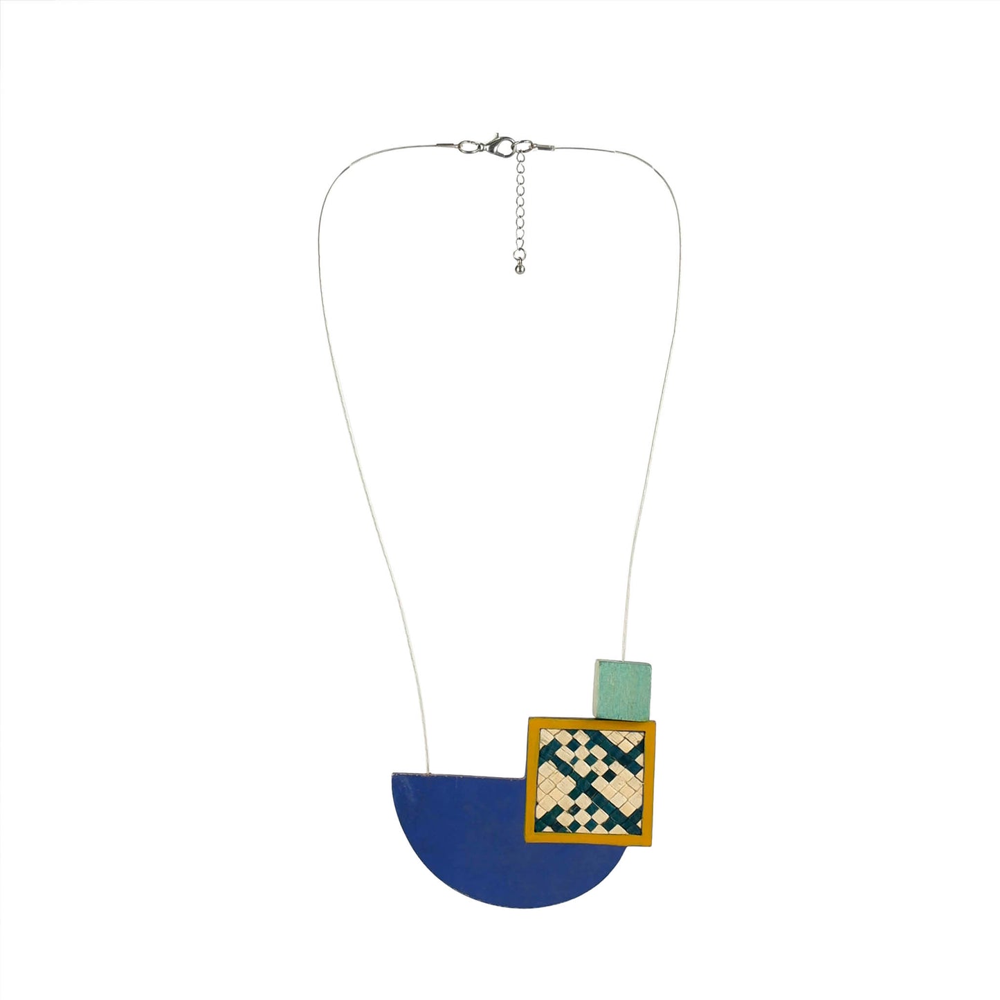 Handmade wooden necklace with blue geometric pendant and traditional banig accent. Artisan-crafted, lightweight, and eco-friendly statement jewelry.