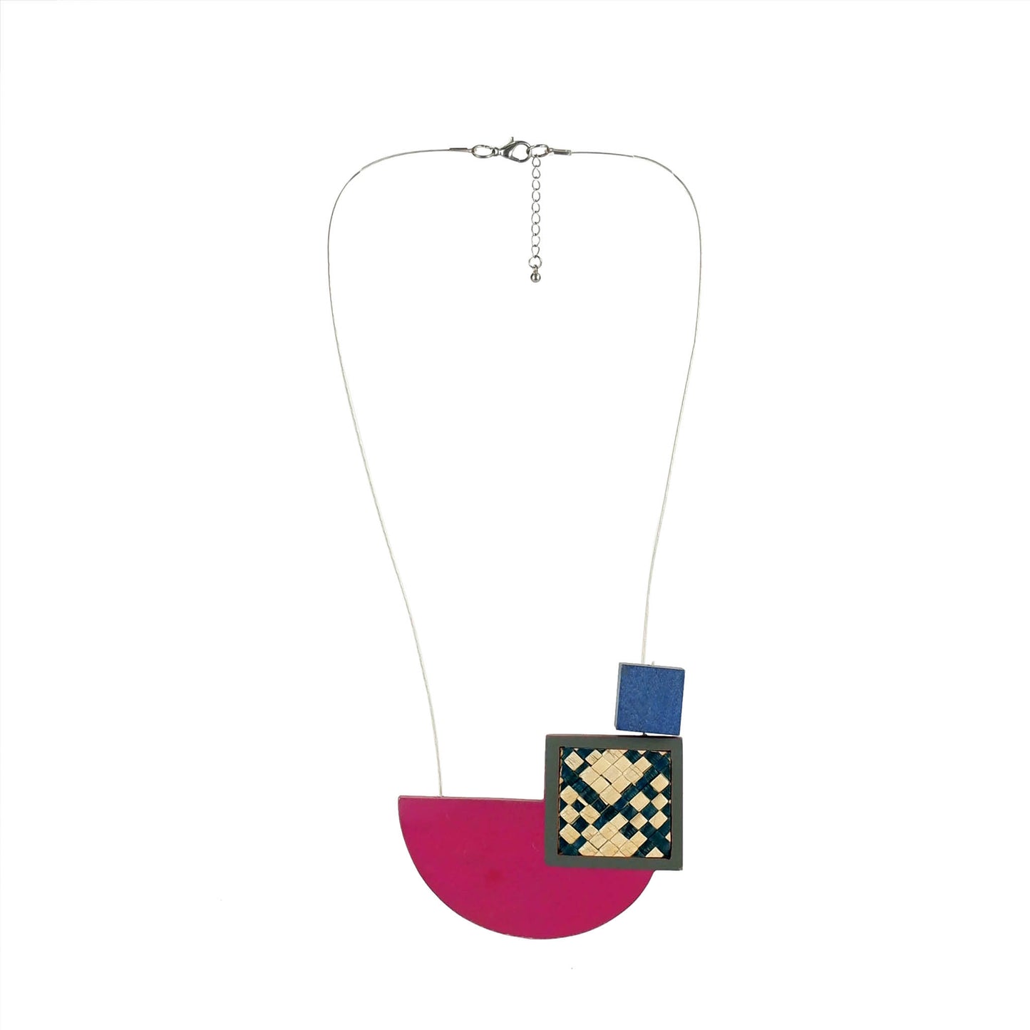 Handmade wooden necklace with pink geometric pendant and traditional banig accent. Artisan-crafted, lightweight, and eco-friendly statement jewelry.