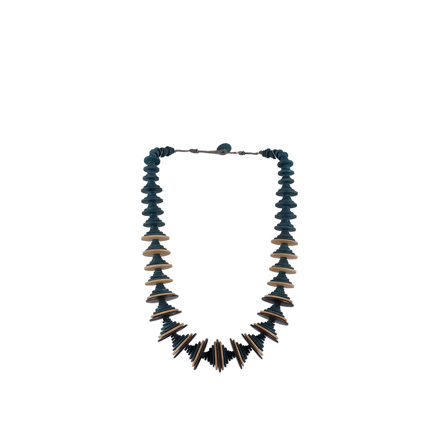 Blue, Natural handmade wooden necklace with graduated flat wood discs, crafted by a sustainable fashion accessories manufacturer. Unique, eco-friendly, and bold.