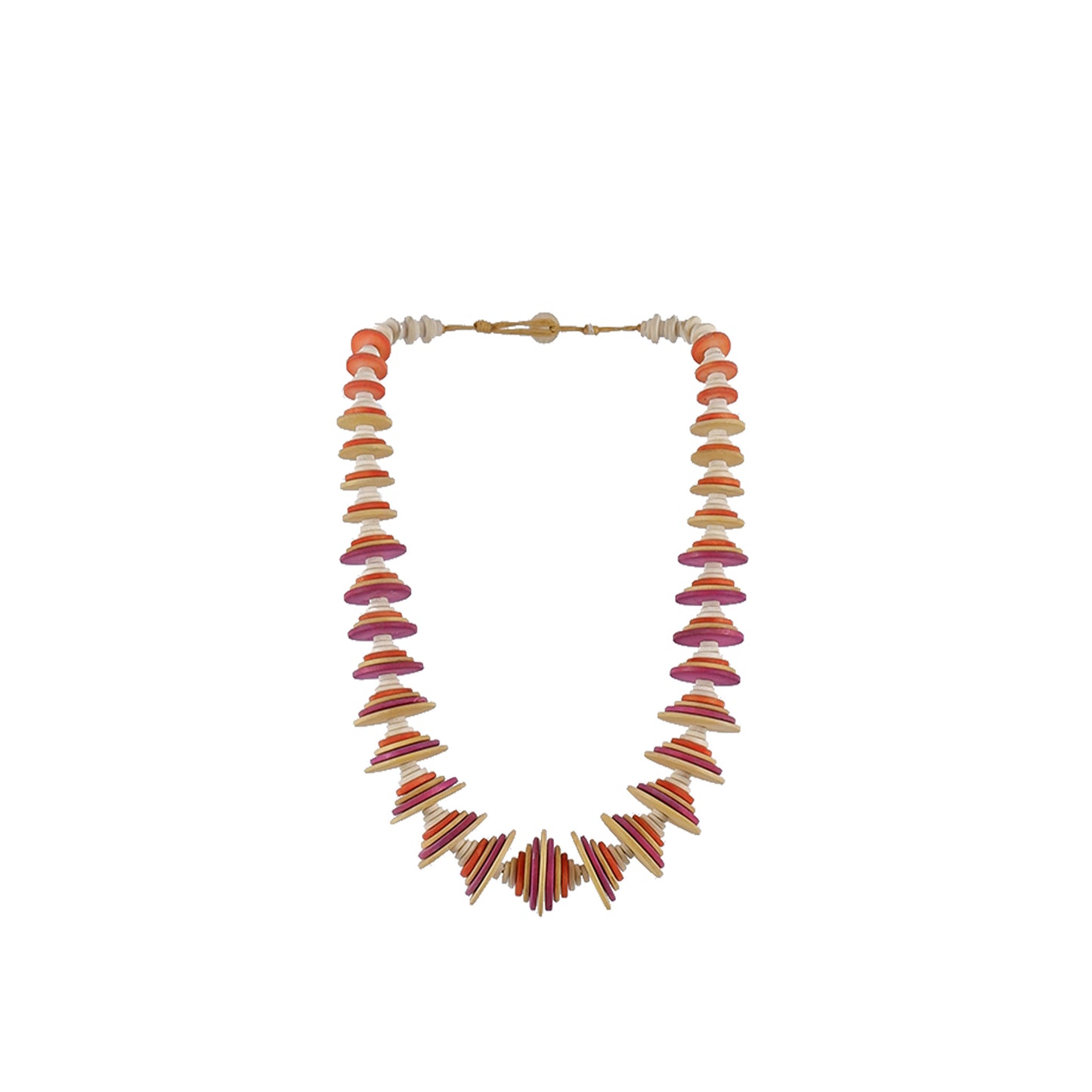 Orange, pink, red handmade wooden necklace with graduated flat wood discs, crafted by a sustainable fashion accessories manufacturer. Unique, eco-friendly, and bold.