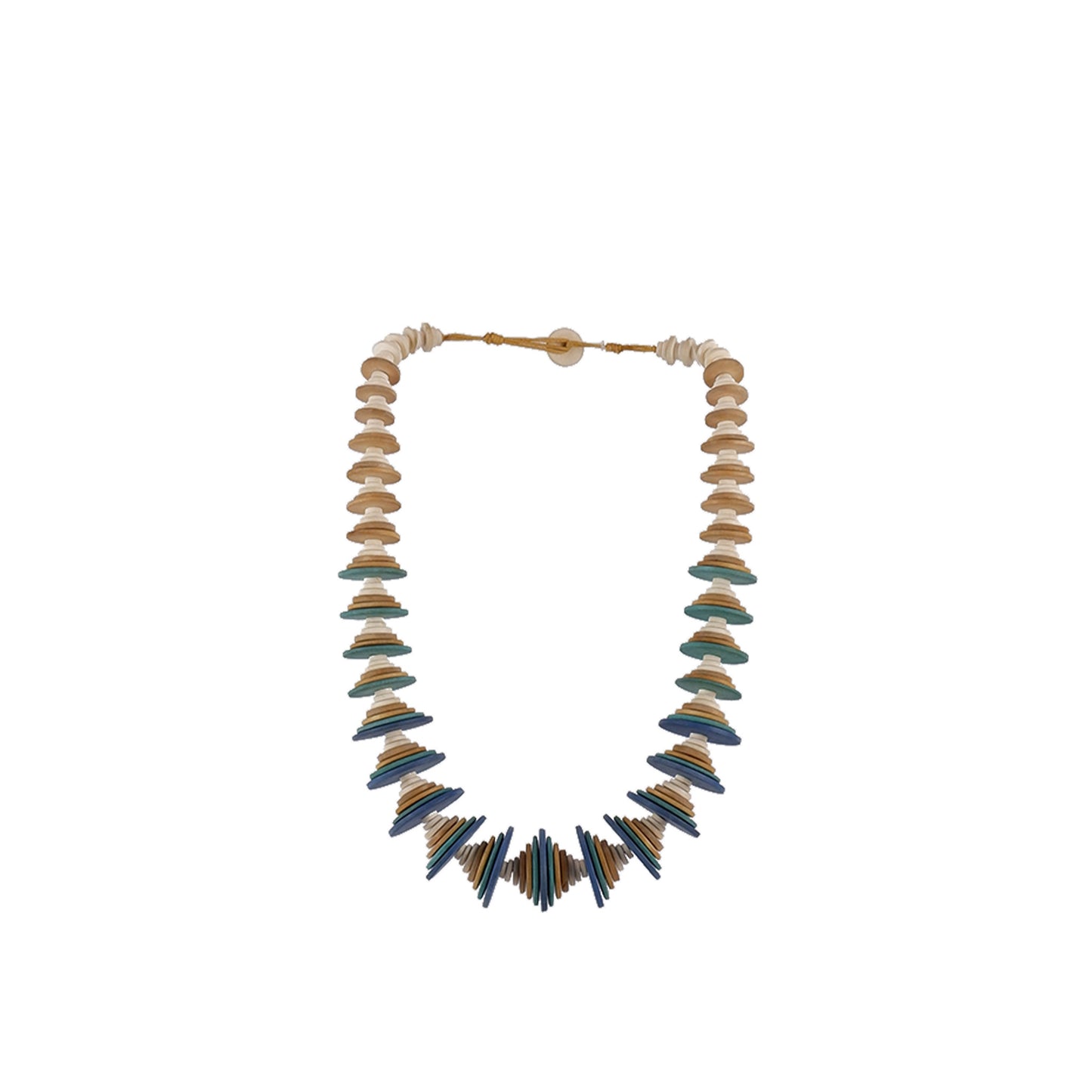 Yellow, teal, blue handmade wooden necklace with graduated flat wood discs, crafted by a sustainable fashion accessories manufacturer. Unique, eco-friendly, and bold.