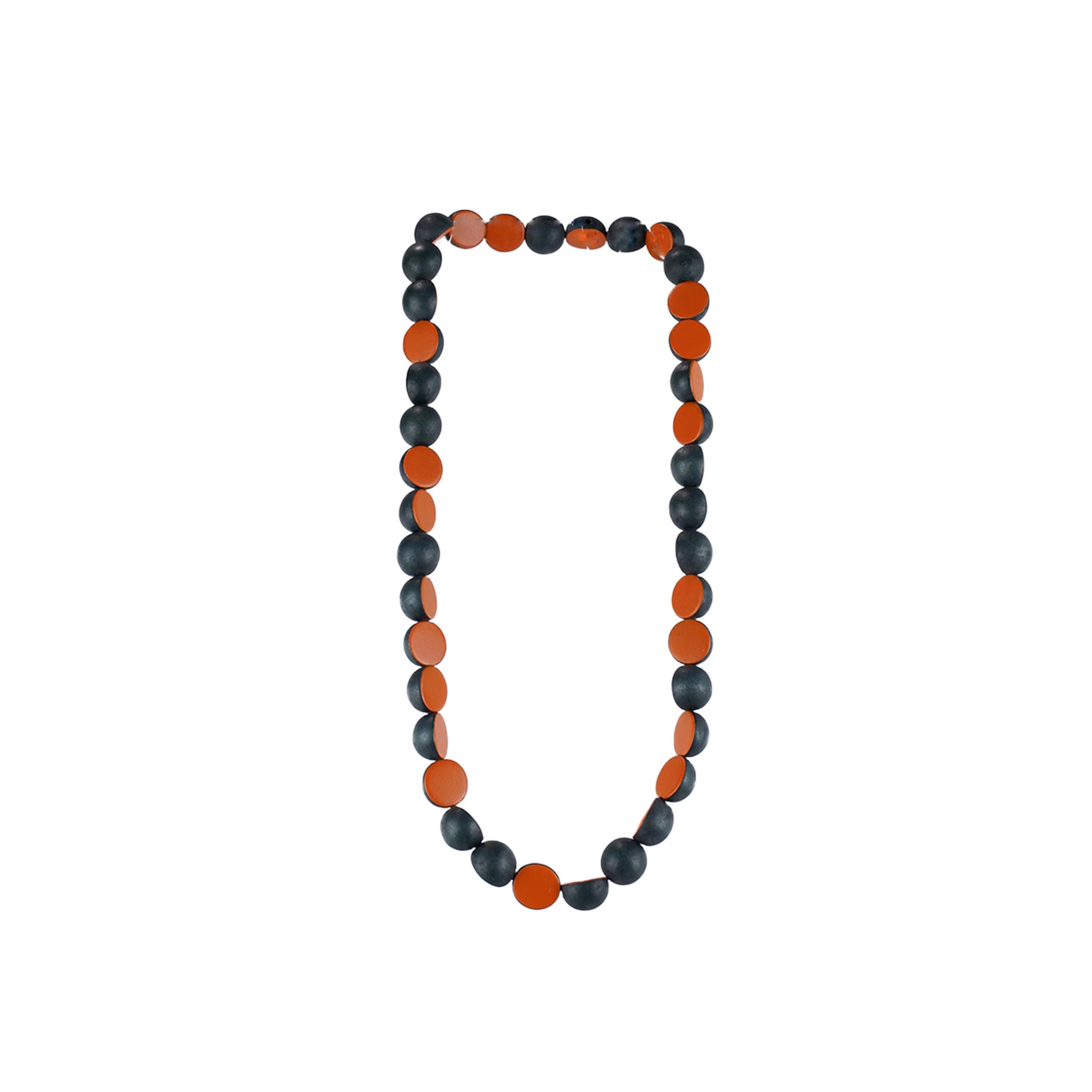 Handmade orange wooden necklace featuring half-round dome components. Ethically crafted, lightweight, and perfect for minimalist and sustainable fashion lovers.