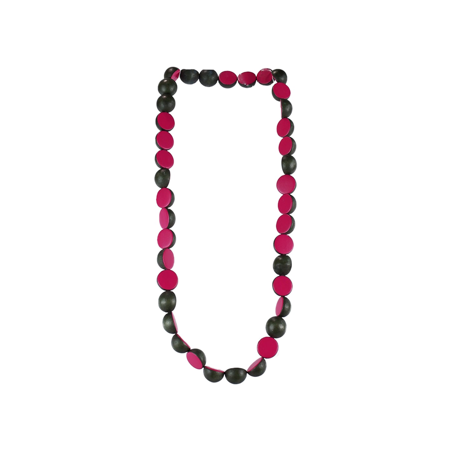 Handmade pink wooden necklace featuring half-round dome components. Ethically crafted, lightweight, and perfect for minimalist and sustainable fashion lovers.