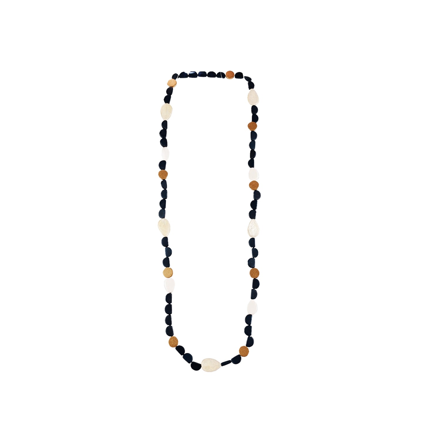 handmade wooden necklace featuring black beads, colorful components, and small round accents. A long, eco-friendly, artisan-crafted statement piece.