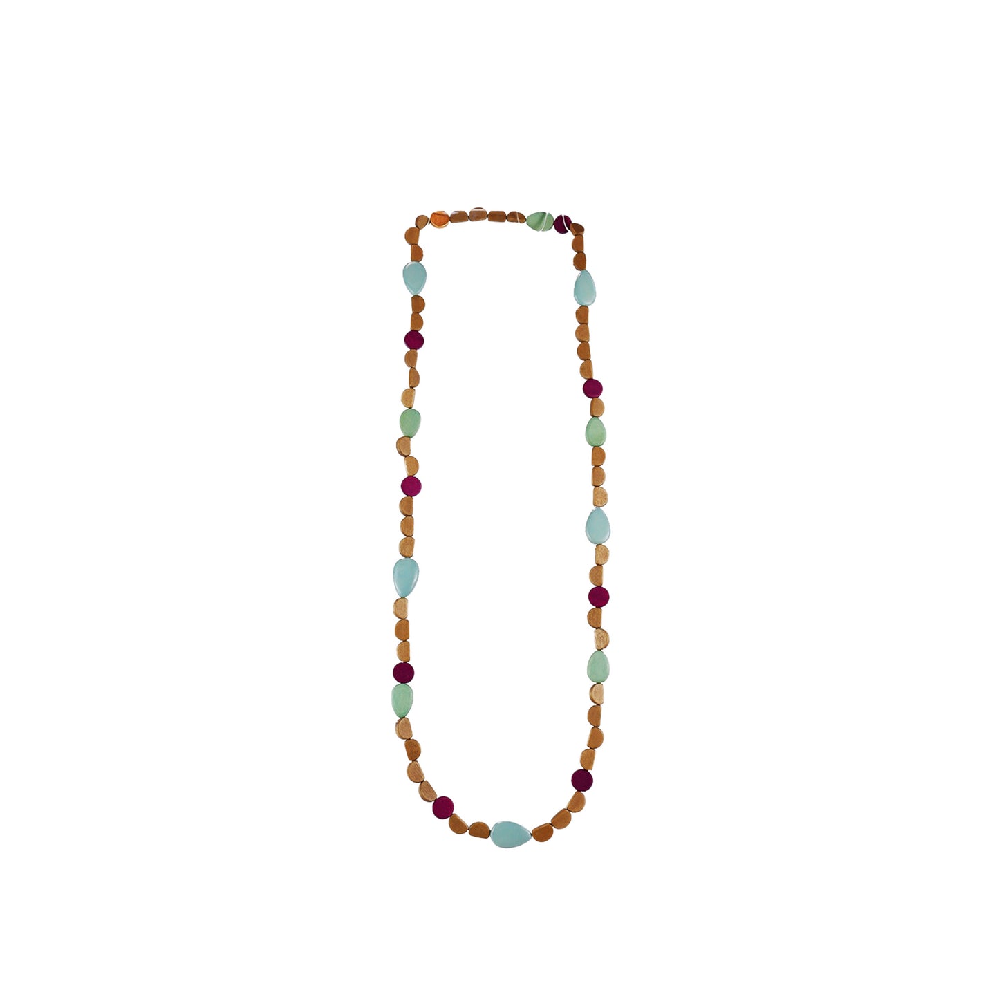 handmade wooden necklace featuring light brown beads, colorful components, and small round accents. A long, eco-friendly, artisan-crafted statement piece.