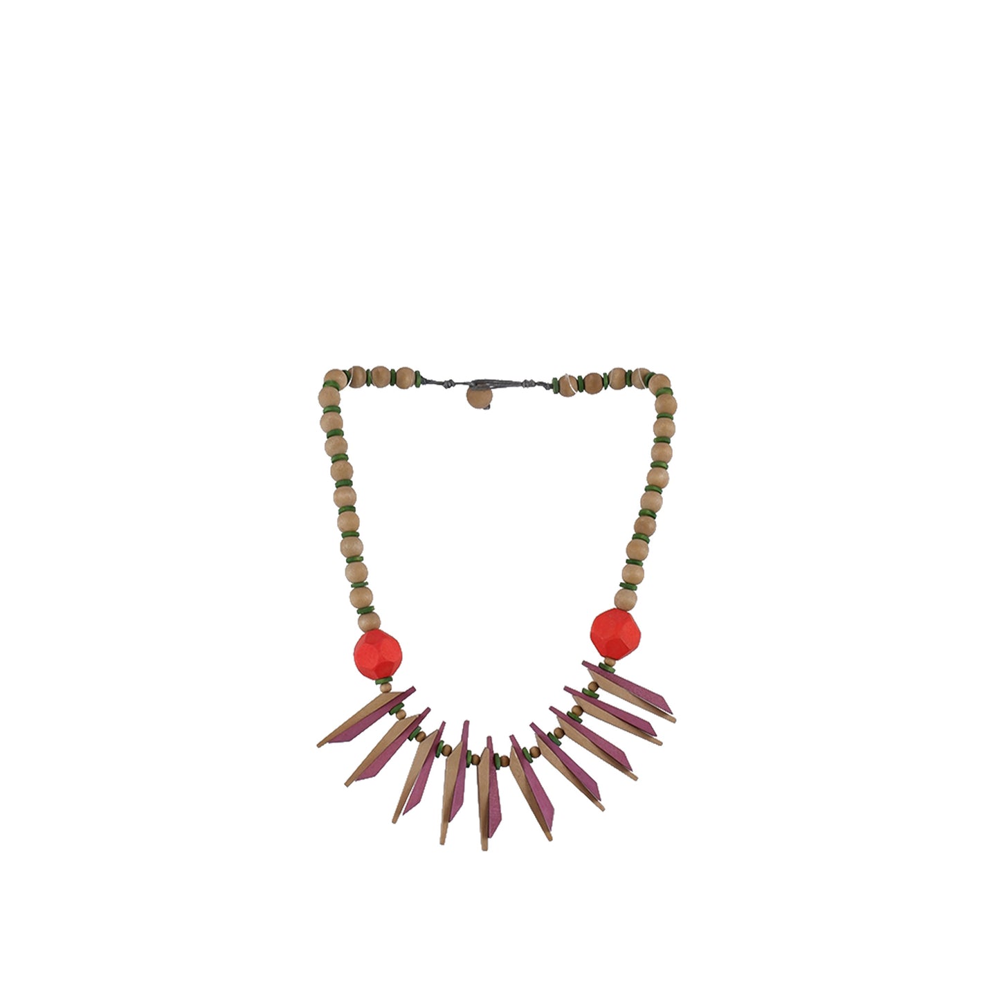 Purple, Natural Handmade wooden necklace with modern geometric wood details, crafted by a sustainable fashion accessories manufacturer. Unique, eco-friendly, and artistic.
