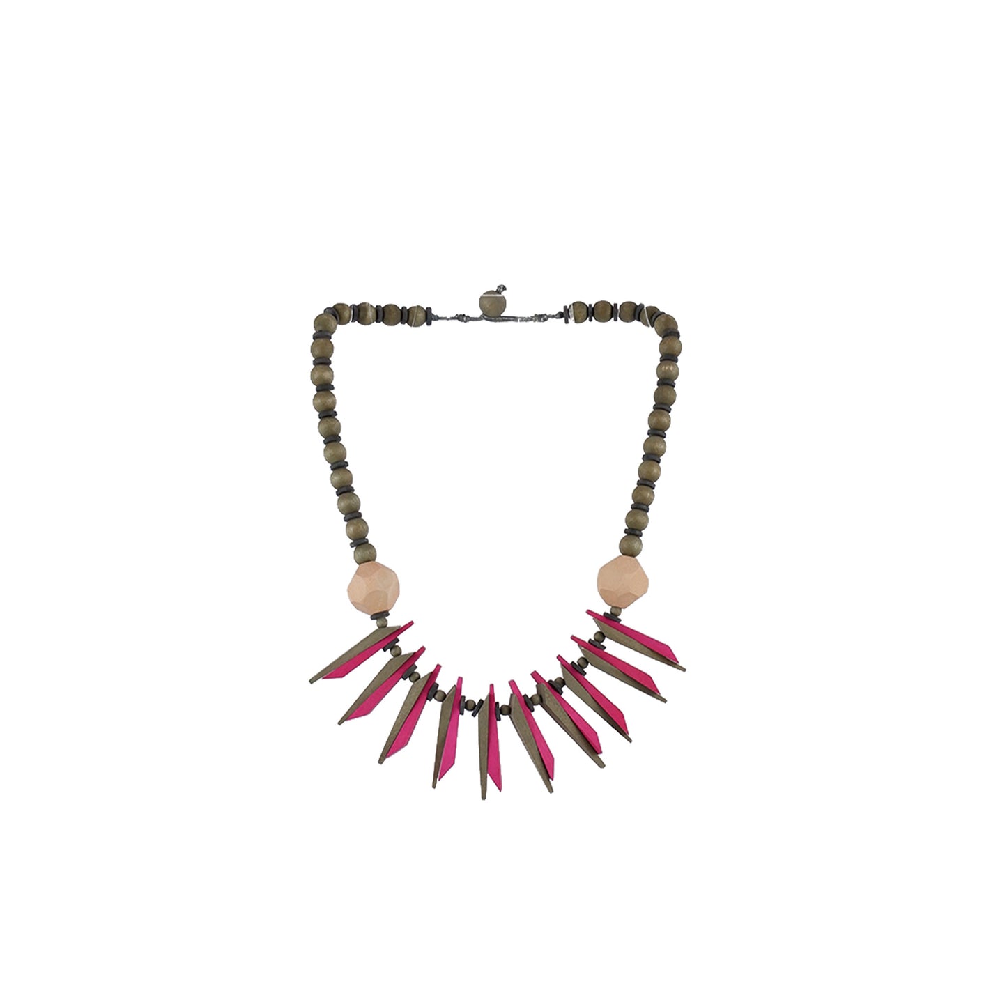 Pink and grey Handmade wooden necklace with modern geometric wood details, crafted by a sustainable fashion accessories manufacturer. Unique, eco-friendly, and artistic.