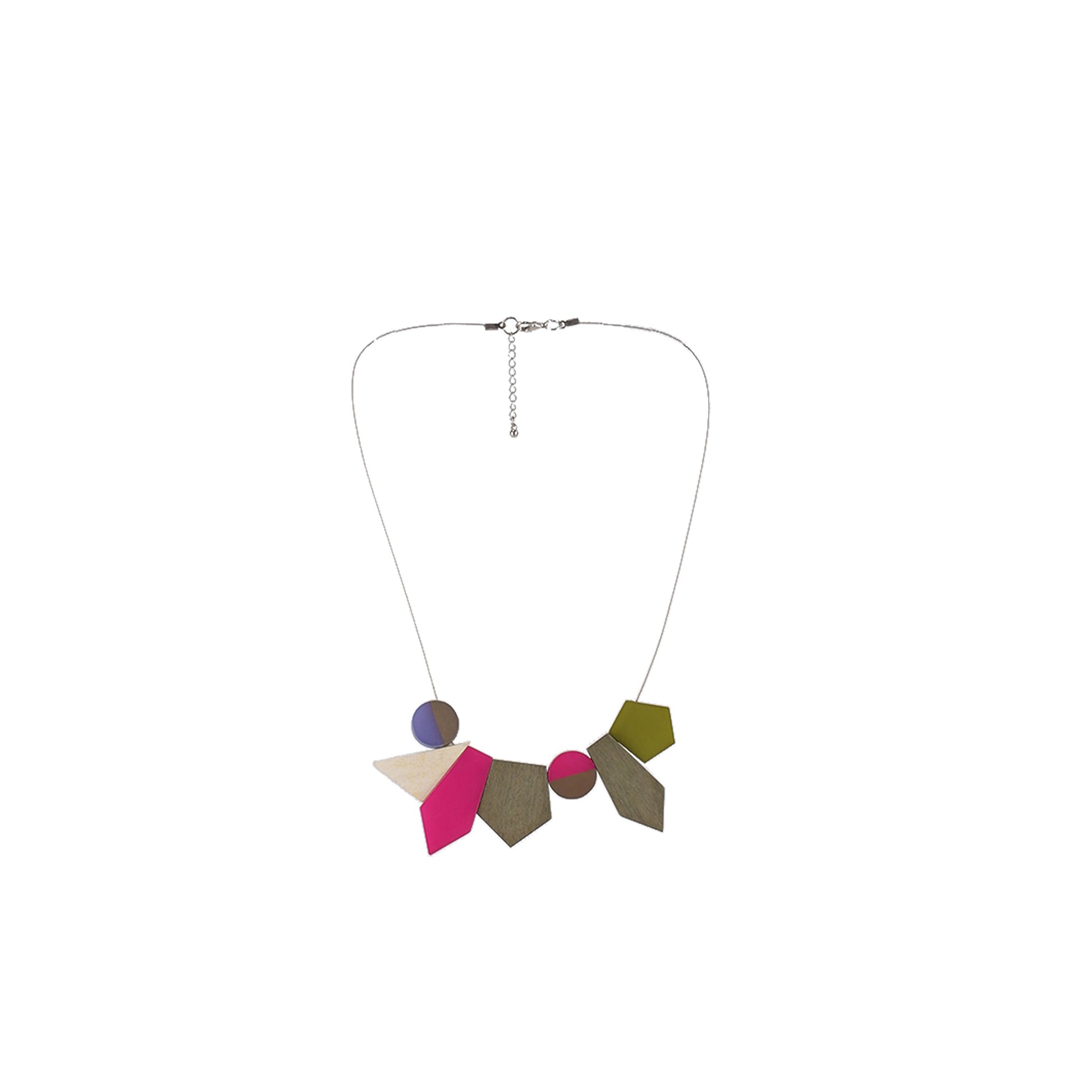 Pink, grey, green handmade wooden necklace with multi-shaped wood pendant and acrylic accents, crafted by a sustainable fashion accessories manufacturer. Unique, eco-friendly, and bold.