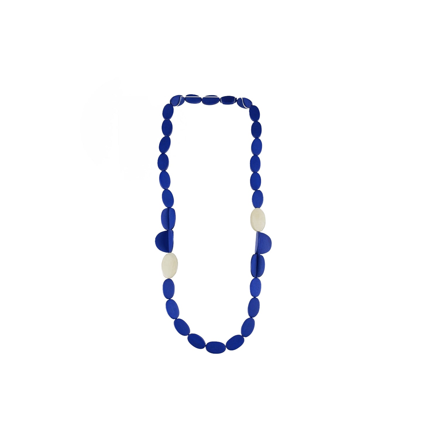 Handmade blue wooden necklace featuring oval-shaped components and Capiz shell accents. A unique, eco-friendly artisan-crafted statement piece made from natural materials.