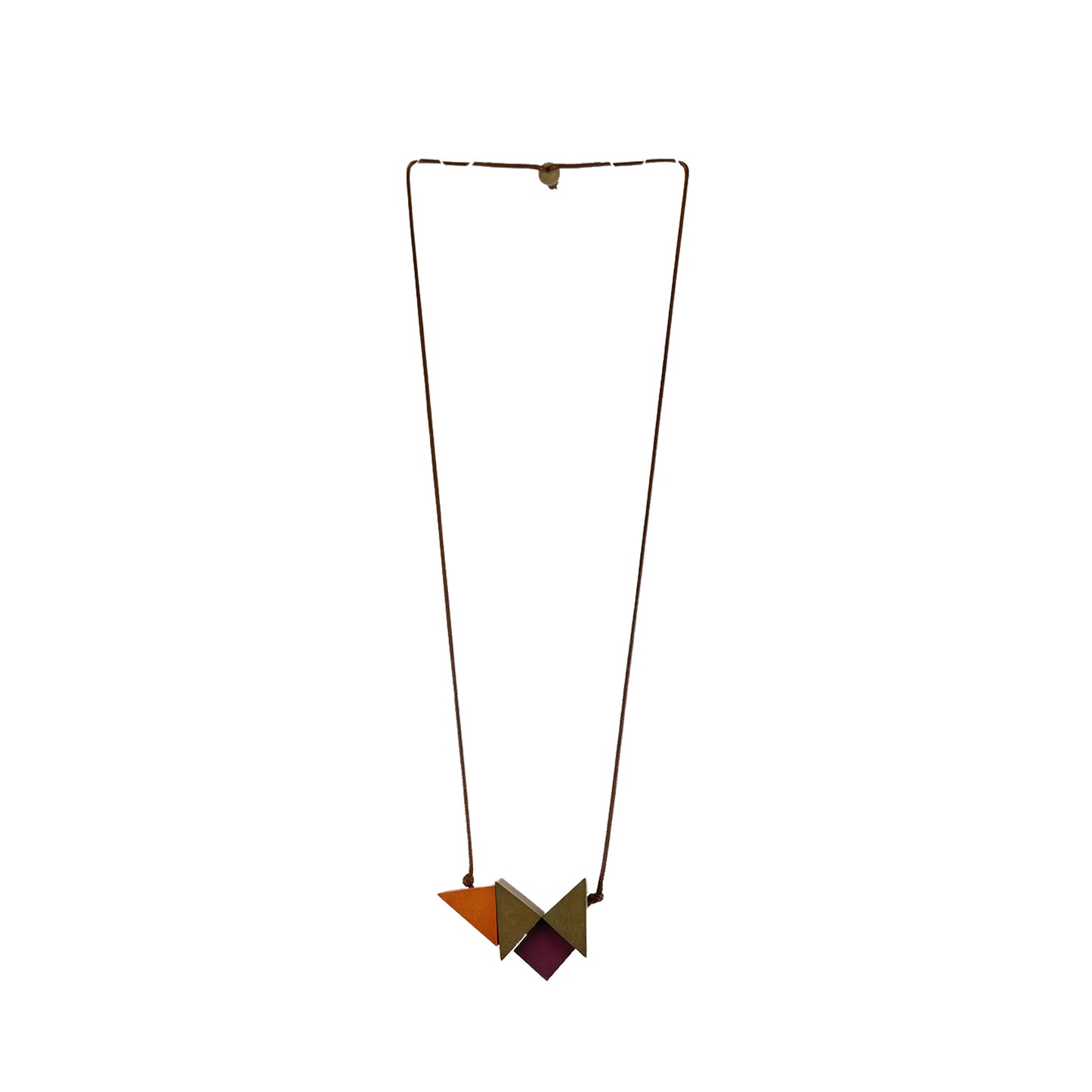 Handmade wooden necklace featuring a geometric pendant with triangular components in brown. A unique, eco-friendly, artisan-crafted jewelry piece with a modern touch.