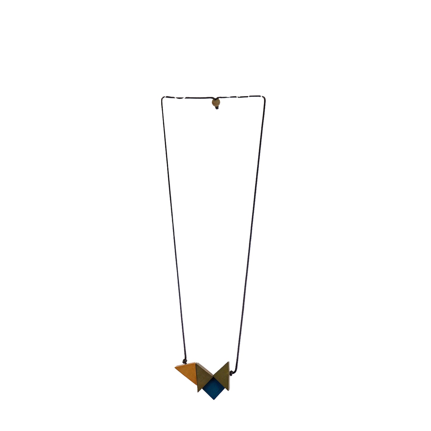 Handmade wooden necklace featuring a geometric pendant with triangular components in green. A unique, eco-friendly, artisan-crafted jewelry piece with a modern touch.