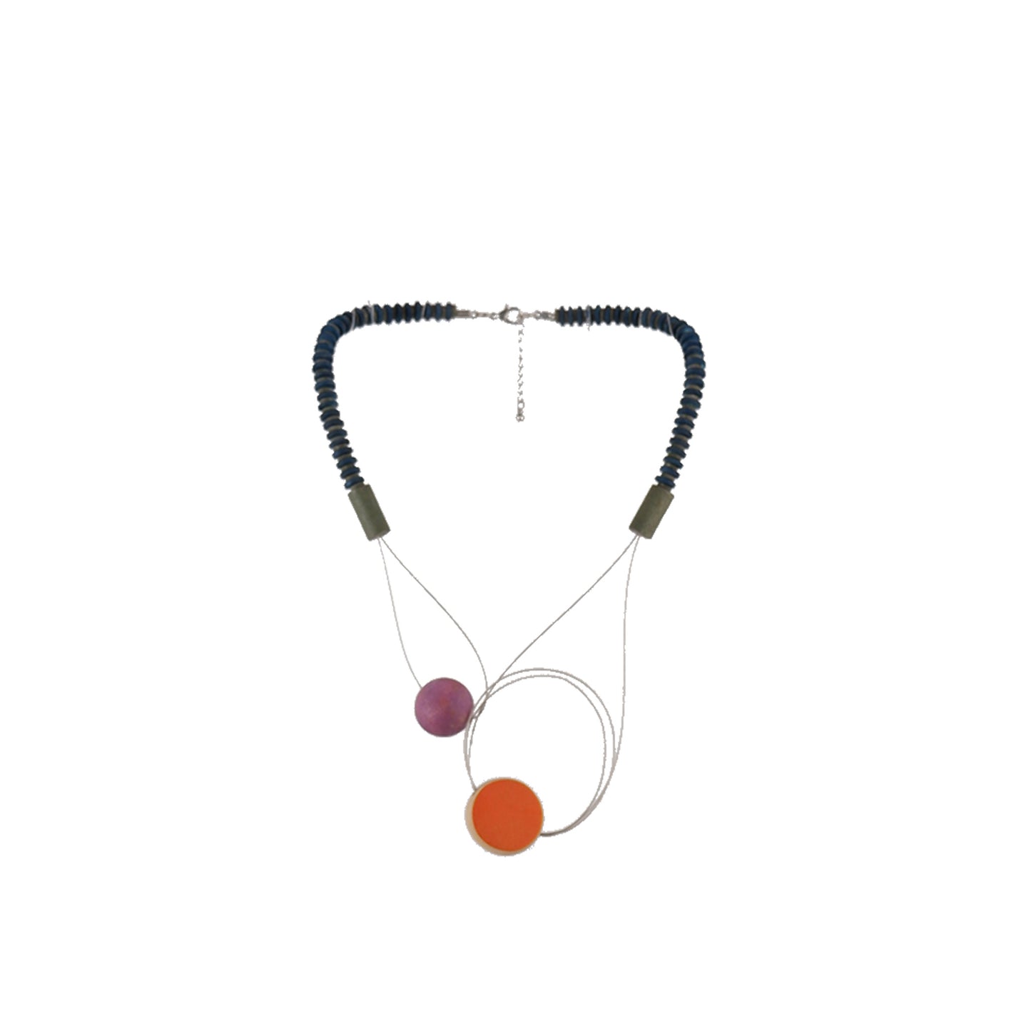 Purple and Orange handmade wooden necklace with two-tone flat round beads on wire and flat wood disc neckline, crafted by a sustainable fashion accessories manufacturer.