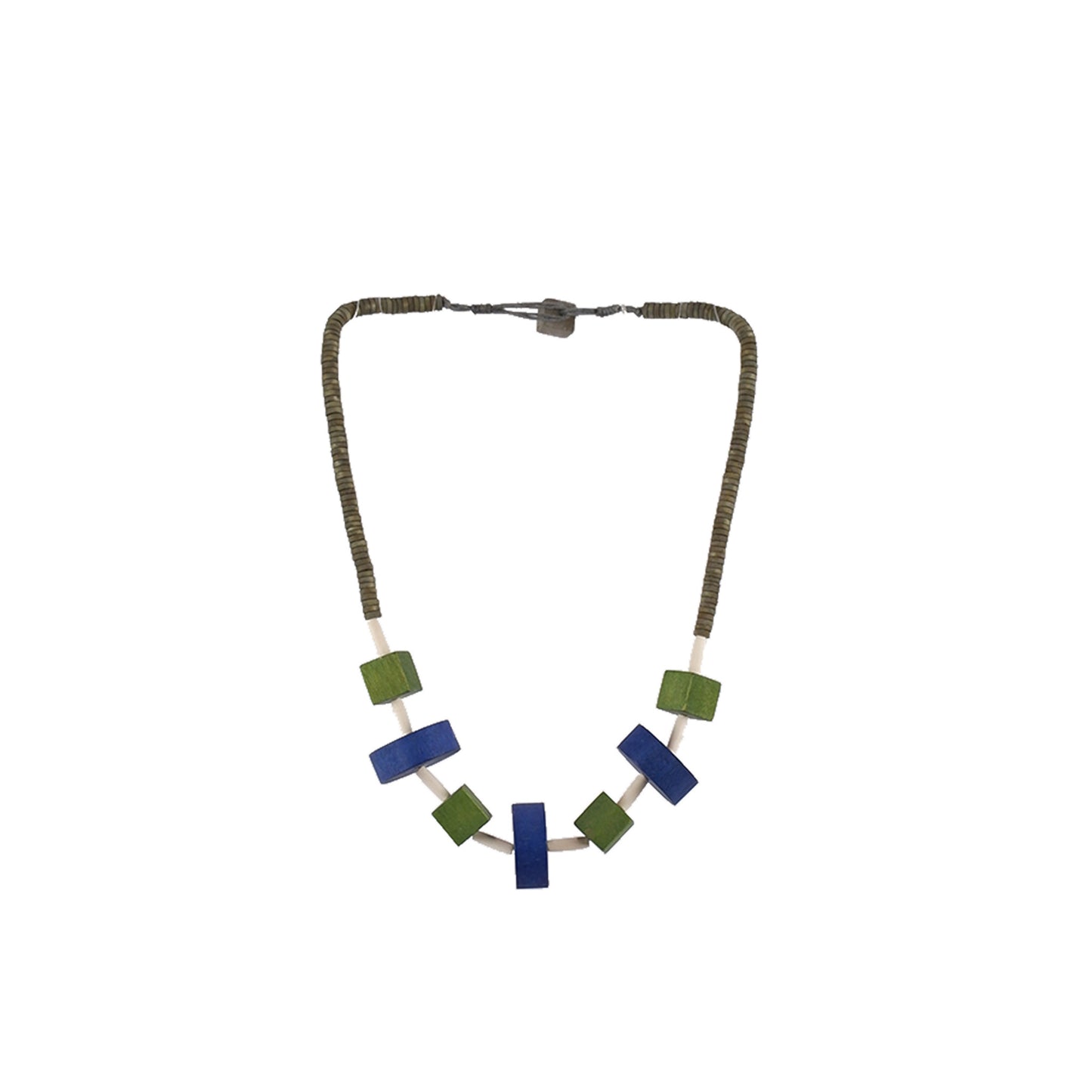 Blue, Green Handmade wooden necklace with wheel & cube design, crafted by a sustainable fashion accessories manufacturer. Geometric, eco-friendly, and bold.