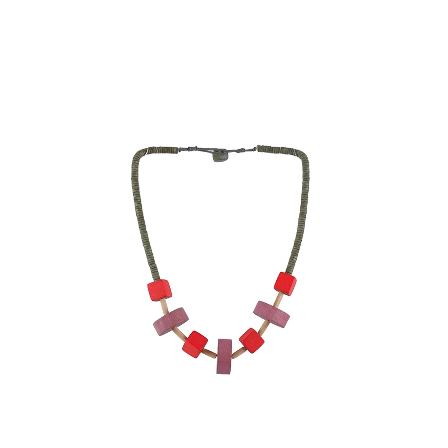 Pink, Orange Handmade wooden necklace with wheel & cube design, crafted by a sustainable fashion accessories manufacturer. Geometric, eco-friendly, and bold.