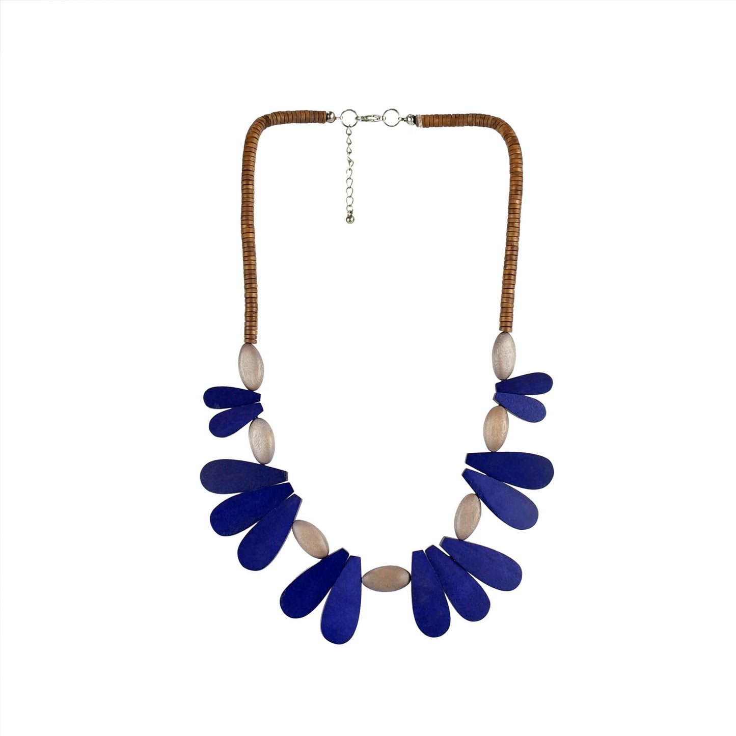 Handmade wooden necklace featuring delicate wood petals in blue. Ethically crafted, lightweight, and perfect for boho-chic and sustainable fashion lovers.