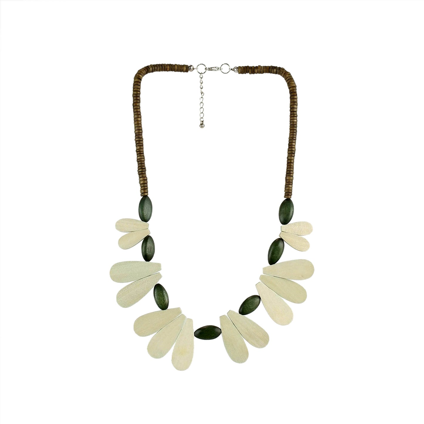 Handmade wooden necklace featuring delicate wood petals in white. Ethically crafted, lightweight, and perfect for boho-chic and sustainable fashion lovers.