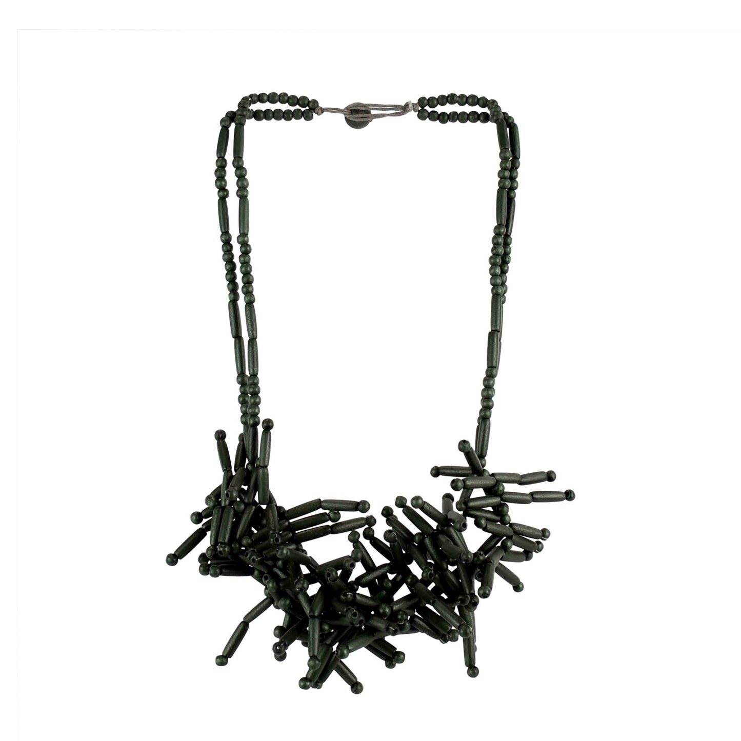 Handmade black wooden necklace featuring a wood tube and bead cluster. Ethically crafted, lightweight, and perfect for boho-chic and sustainable fashion lovers.