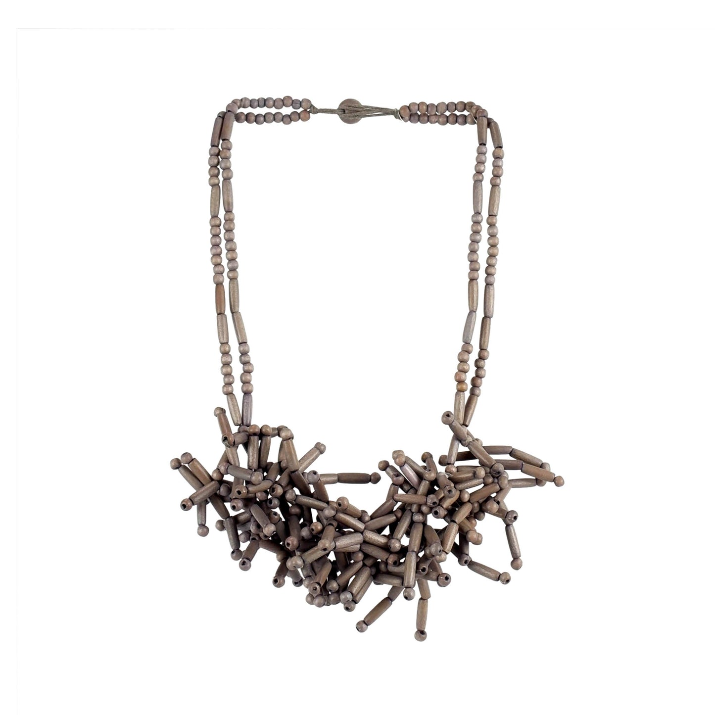 Handmade gray wooden necklace featuring a wood tube and bead cluster. Ethically crafted, lightweight, and perfect for boho-chic and sustainable fashion lovers.