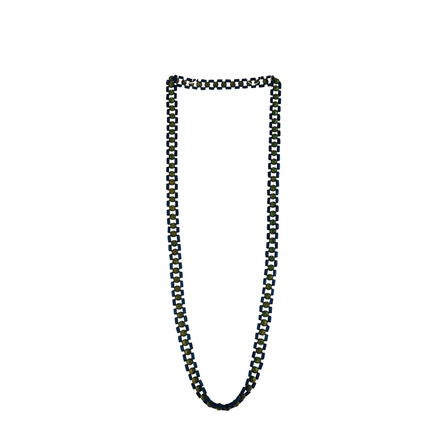 Handmade green wooden necklace featuring a woven design with round beads and wooden tubes. A unique, eco-friendly, artisan-crafted jewelry piece with natural textures.