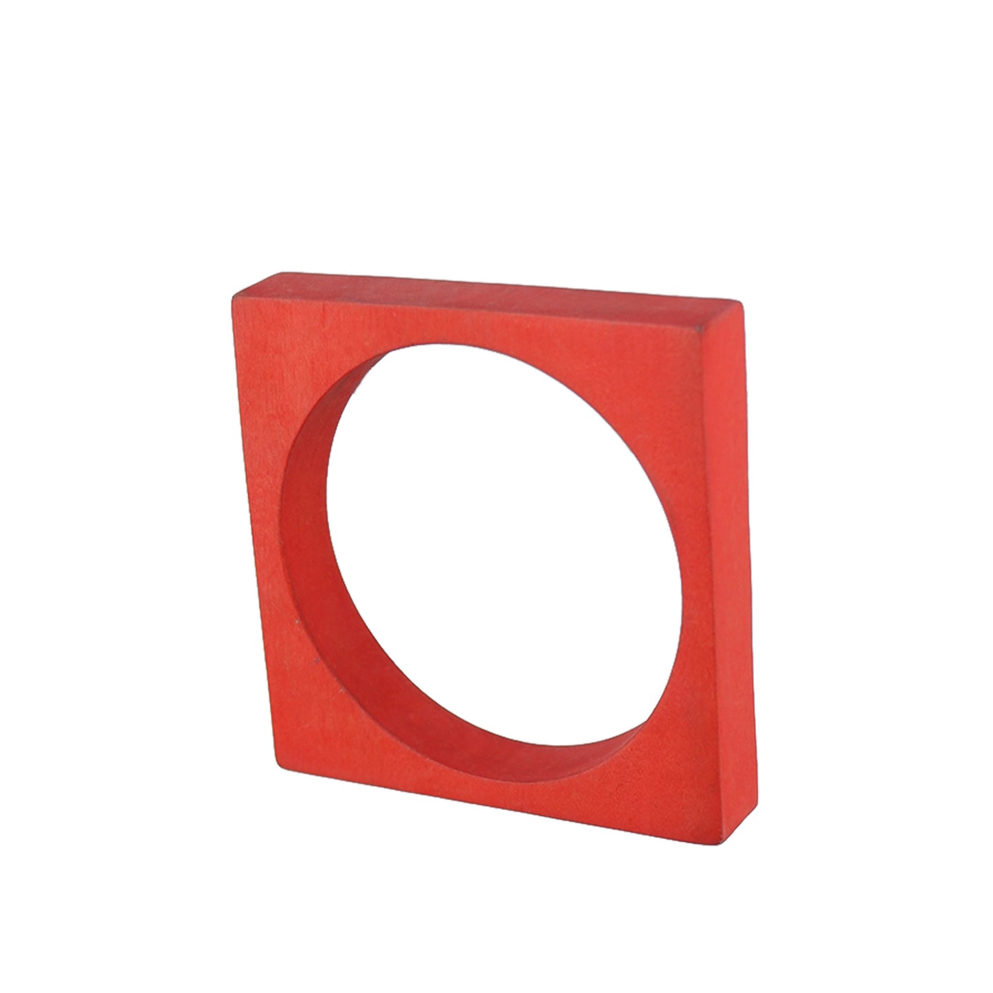 Handmade wooden square bangle with round cutout, crafted by a sustainable fashion accessories manufacturer. Geometric, eco-friendly, and stylish.
