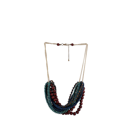 NK14361 - Handmade Wooden Necklace | Multi-Shaped Layered Design on Chain | Sustainable Statement Jewelry