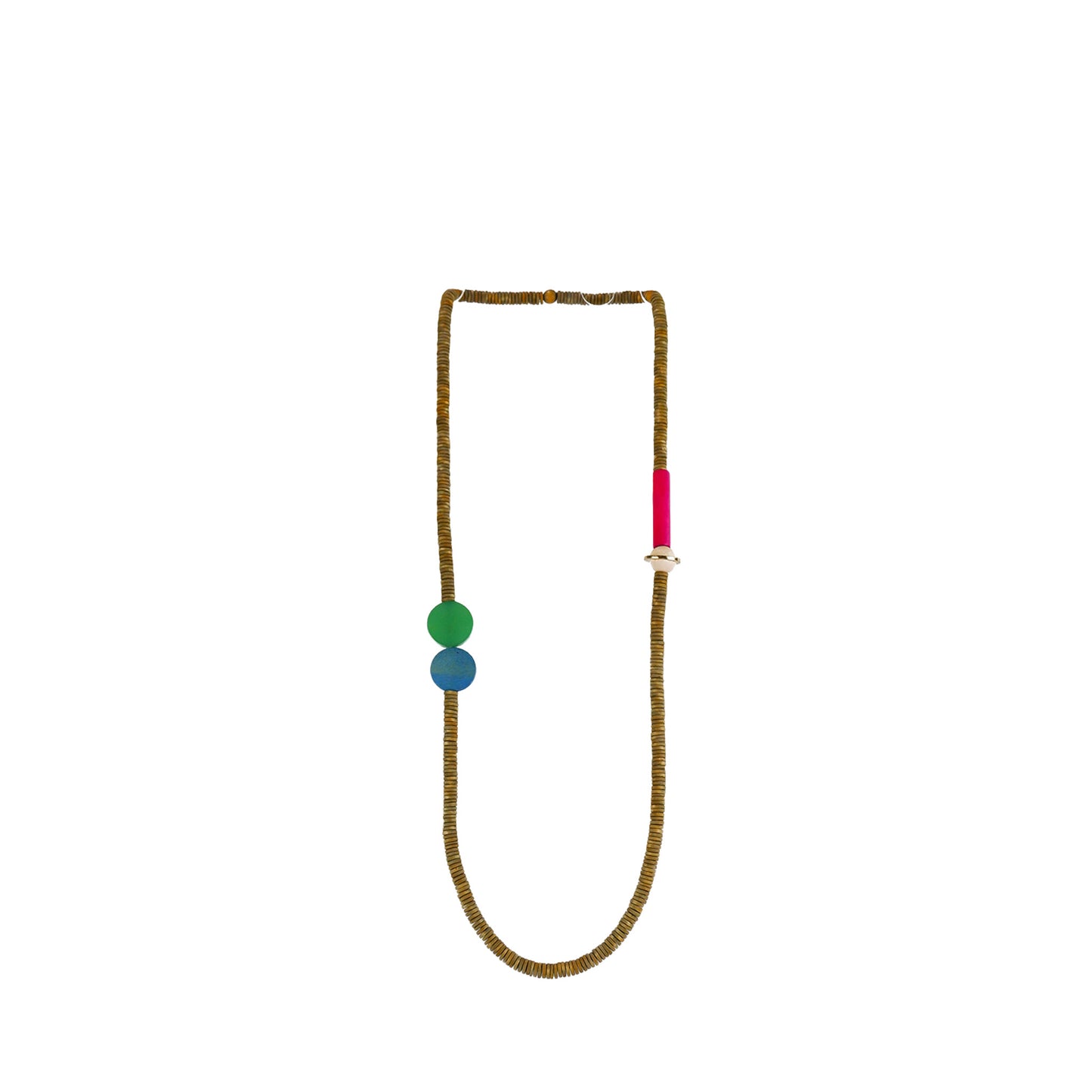 NK13805 - Handmade Wooden Necklace with Round Beads & Metal Flat Disc Accent | Eco-Friendly Artisan Jewelry