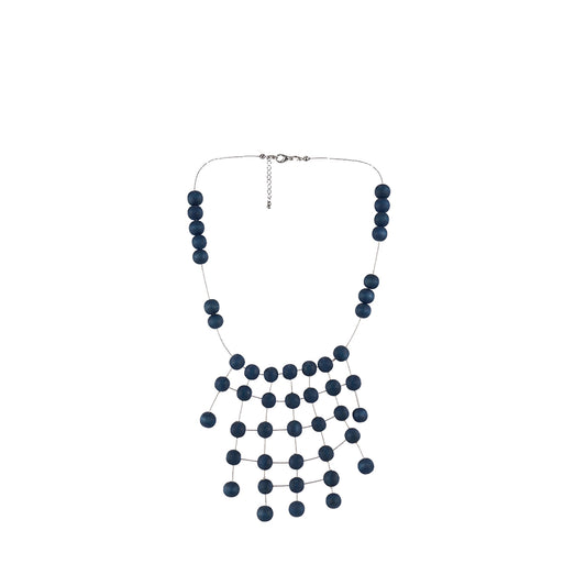 Handmade wooden bib necklace with interlaced wood beads, crafted by a sustainable fashion accessories manufacturer. Unique, eco-friendly, and statement-worthy.
