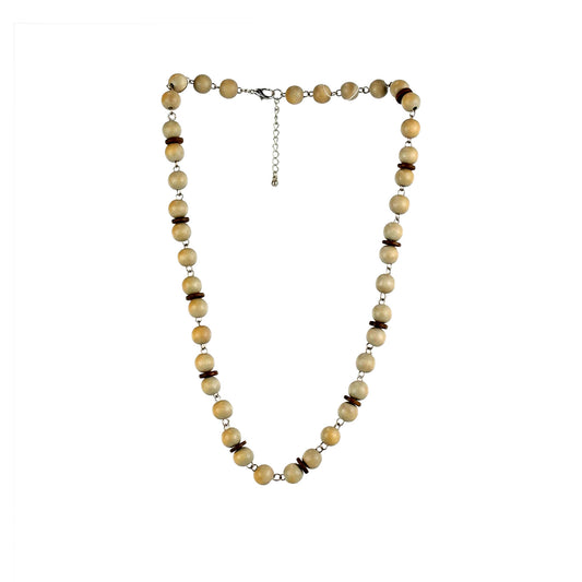 Handmade beige wooden necklace featuring wooden beads and flat discs. Ethically crafted, lightweight, and perfect for boho-chic and sustainable fashion lovers.
