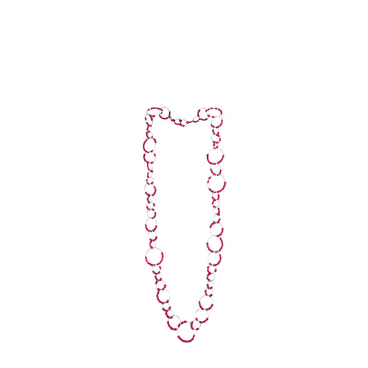 Handmade red wooden necklace featuring an intricate chain-link design with wooden micro beads. A unique, eco-friendly, artisan-crafted statement jewelry piece.
