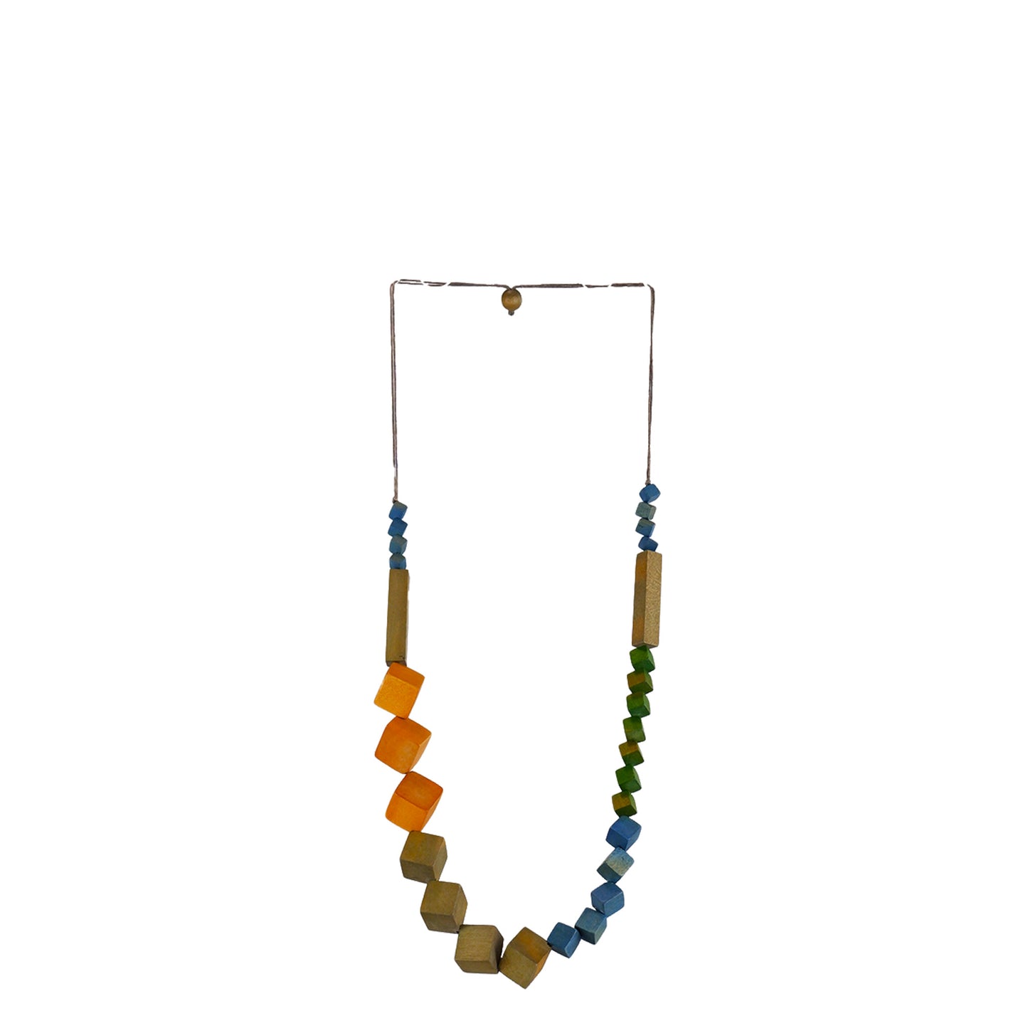 handmade wooden necklace featuring cube-shaped components in different sizes with orange accent. A unique, eco-friendly, artisan-crafted geometric jewelry piece.