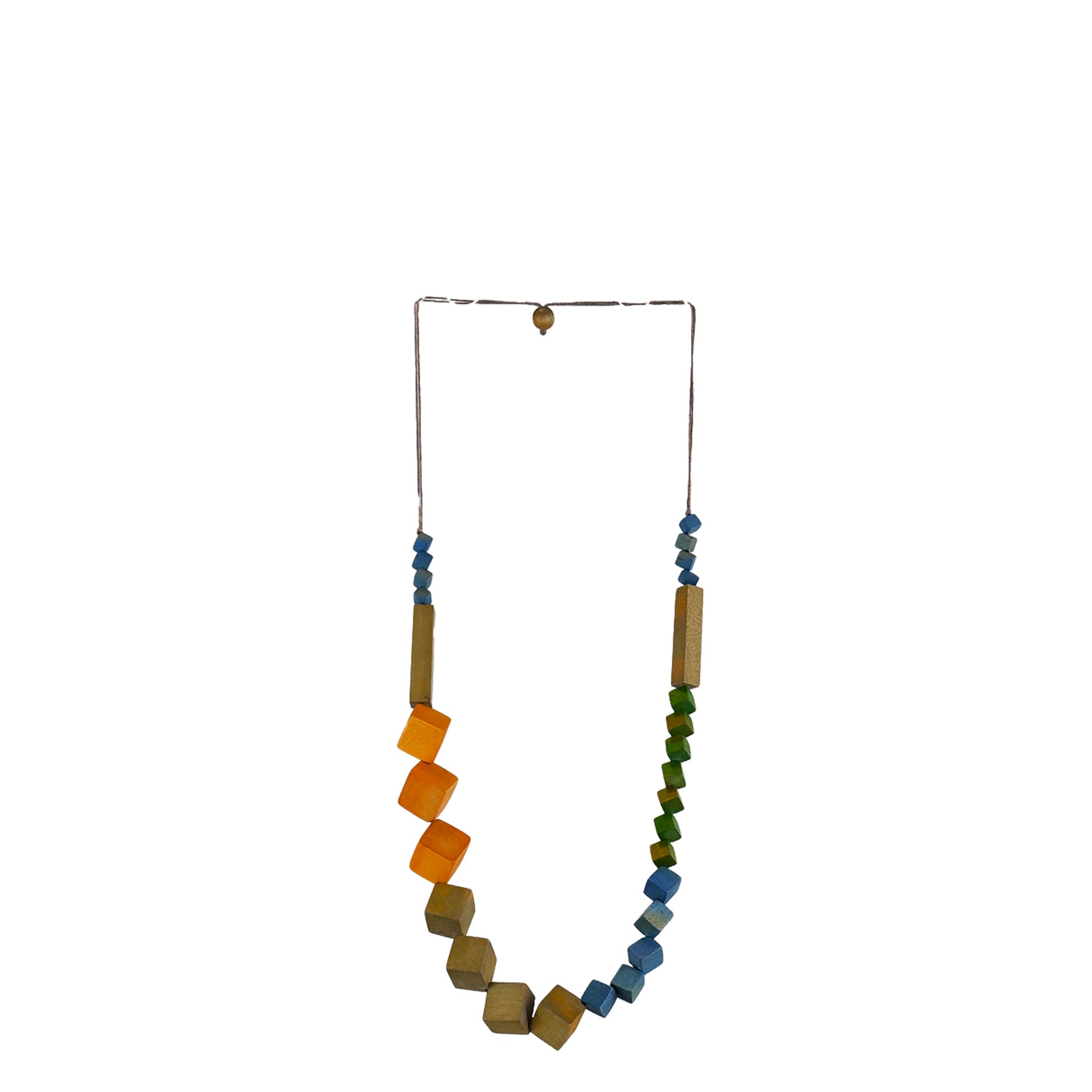 handmade wooden necklace featuring cube-shaped components in different sizes with orange accent. A unique, eco-friendly, artisan-crafted geometric jewelry piece.