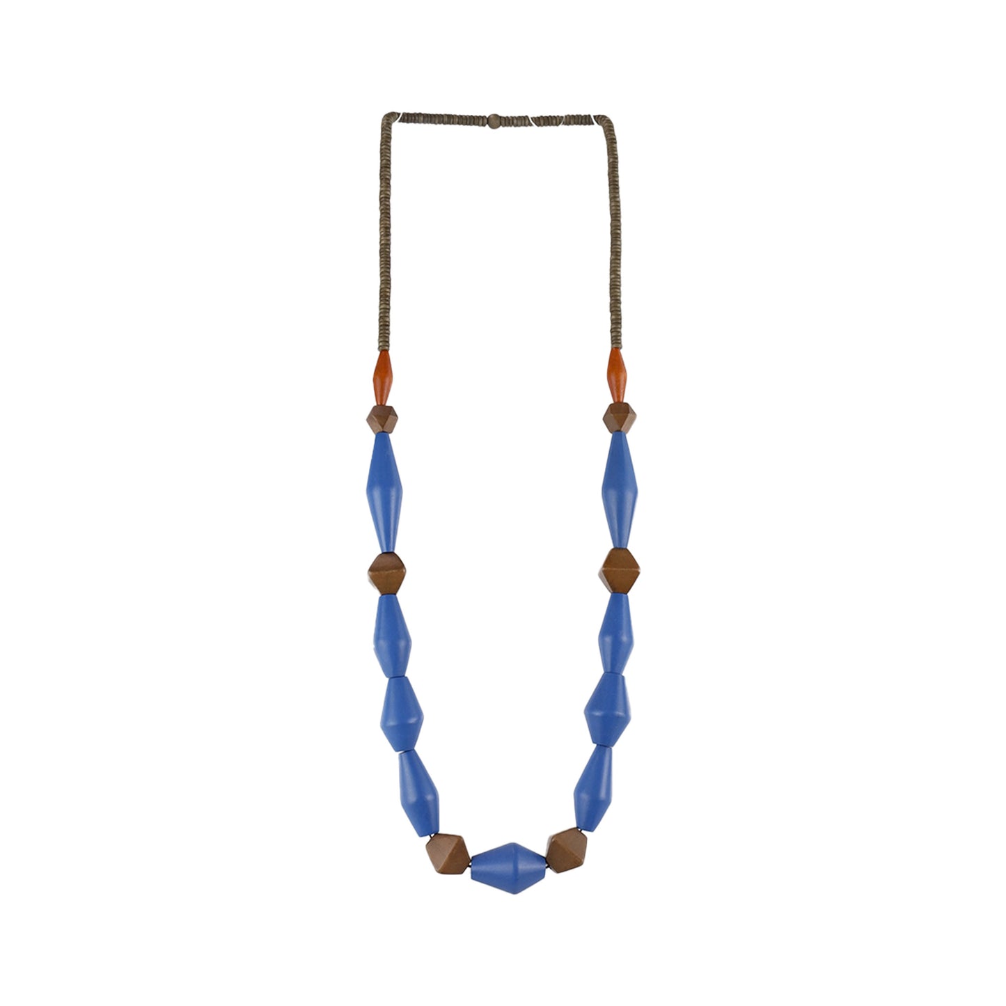 Handmade blue wooden necklace featuring diamond-shaped wooden components. Ethically crafted, lightweight, and perfect for modern and sustainable fashion lovers.