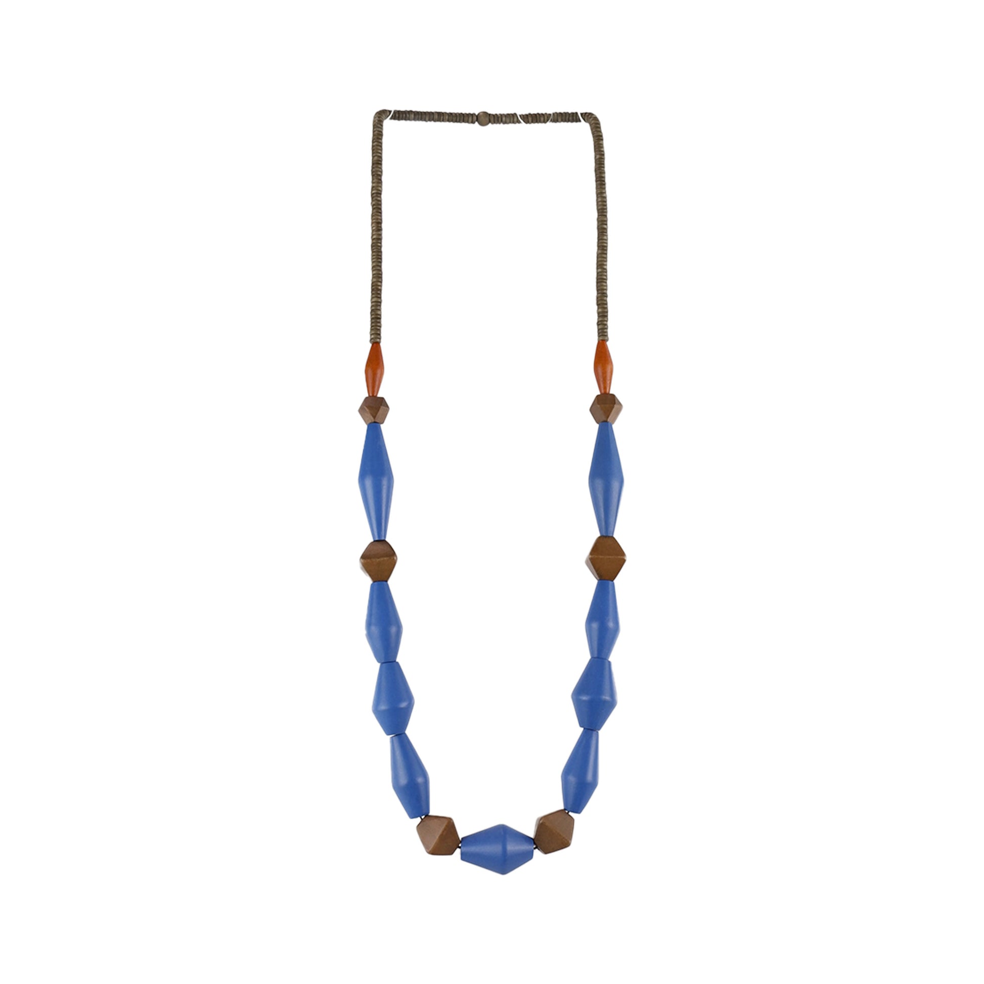 Handmade blue wooden necklace featuring diamond-shaped wooden components. Ethically crafted, lightweight, and perfect for modern and sustainable fashion lovers.