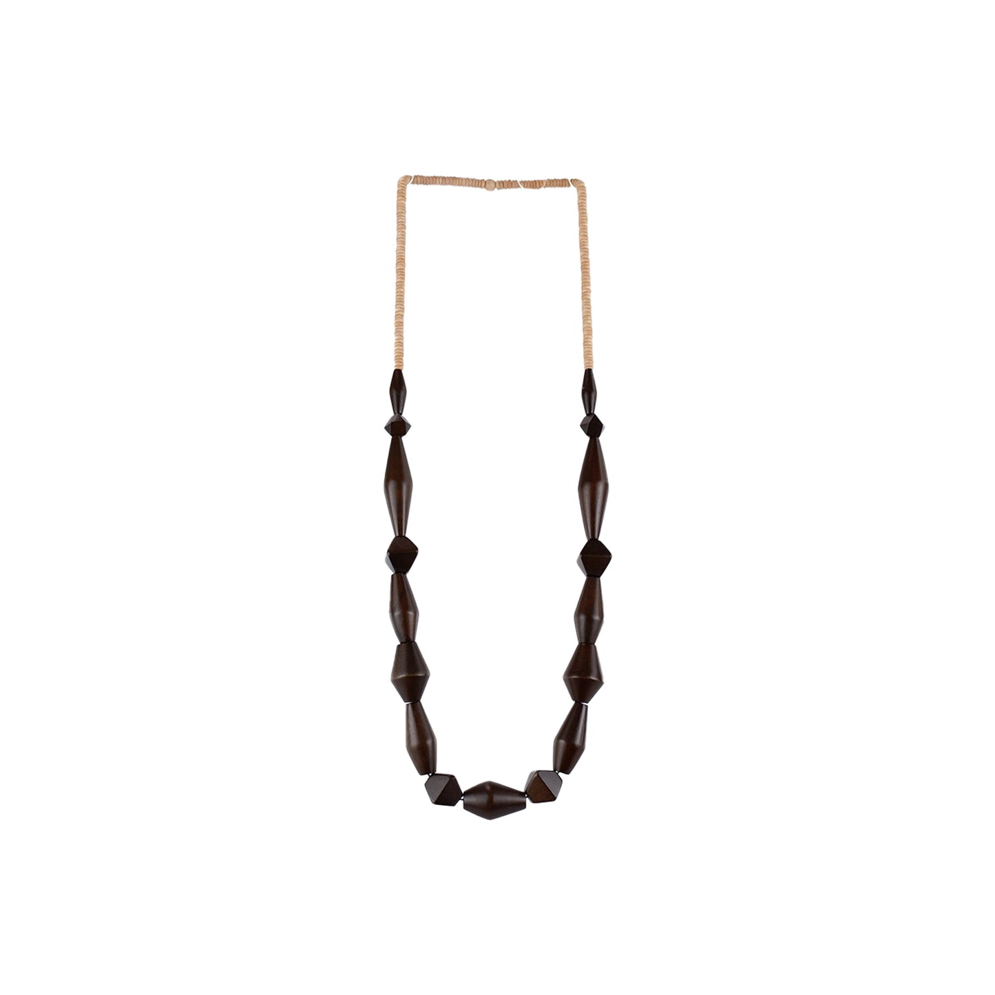 Handmade brown wooden necklace featuring diamond-shaped wooden components. Ethically crafted, lightweight, and perfect for modern and sustainable fashion lovers.