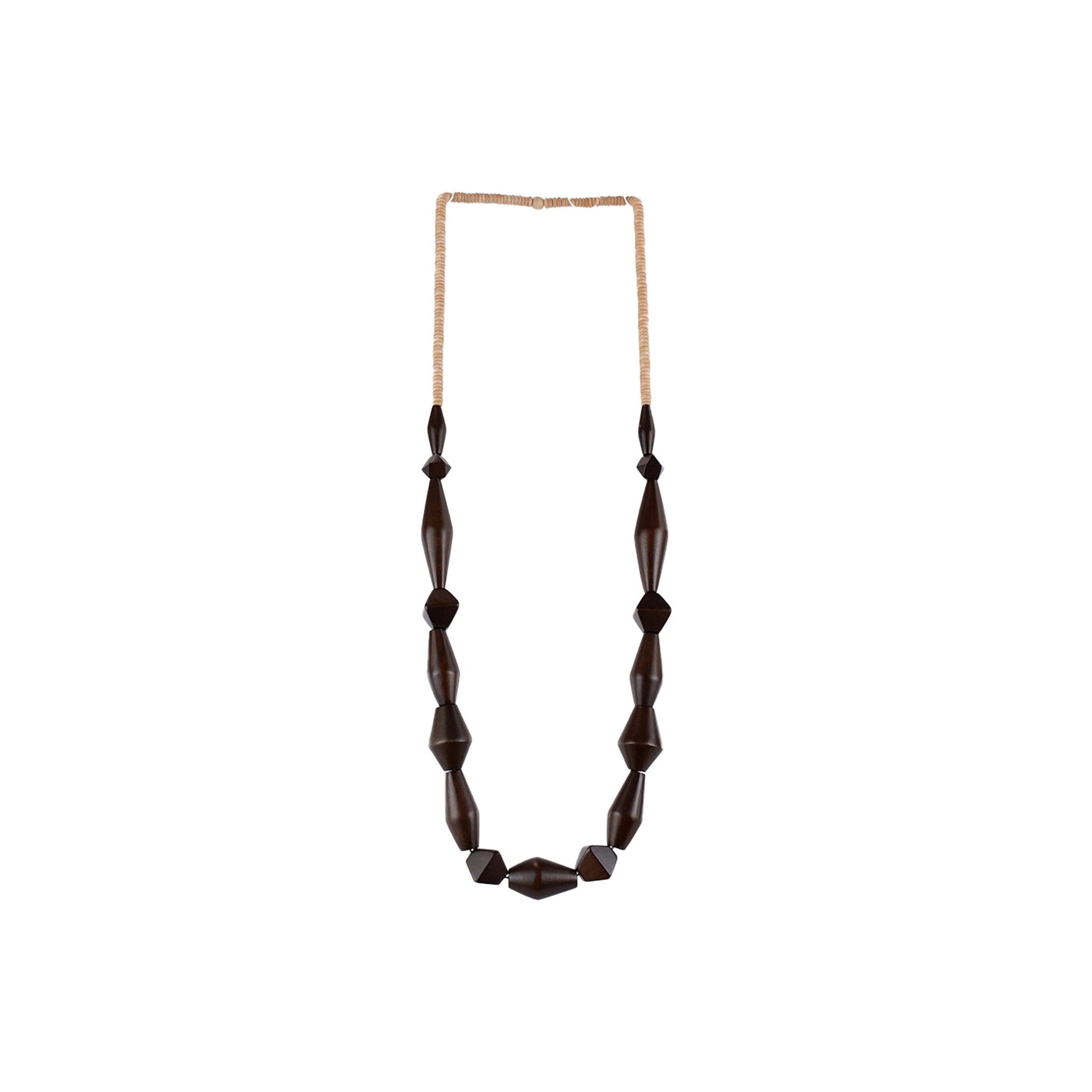 Handmade brown wooden necklace featuring diamond-shaped wooden components. Ethically crafted, lightweight, and perfect for modern and sustainable fashion lovers.