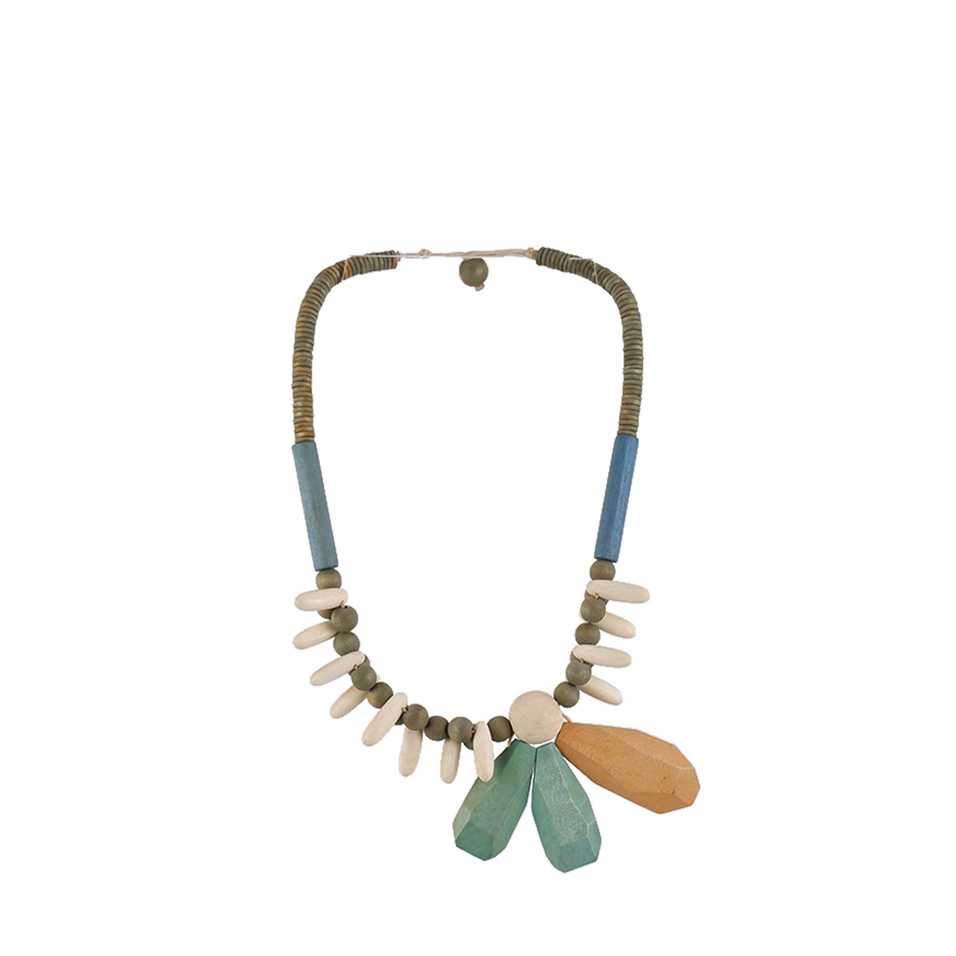 Green, yellow handmade wooden necklace with faceted petal accent, crafted by a sustainable fashion accessories manufacturer. Delicate, eco-friendly, and artistic.