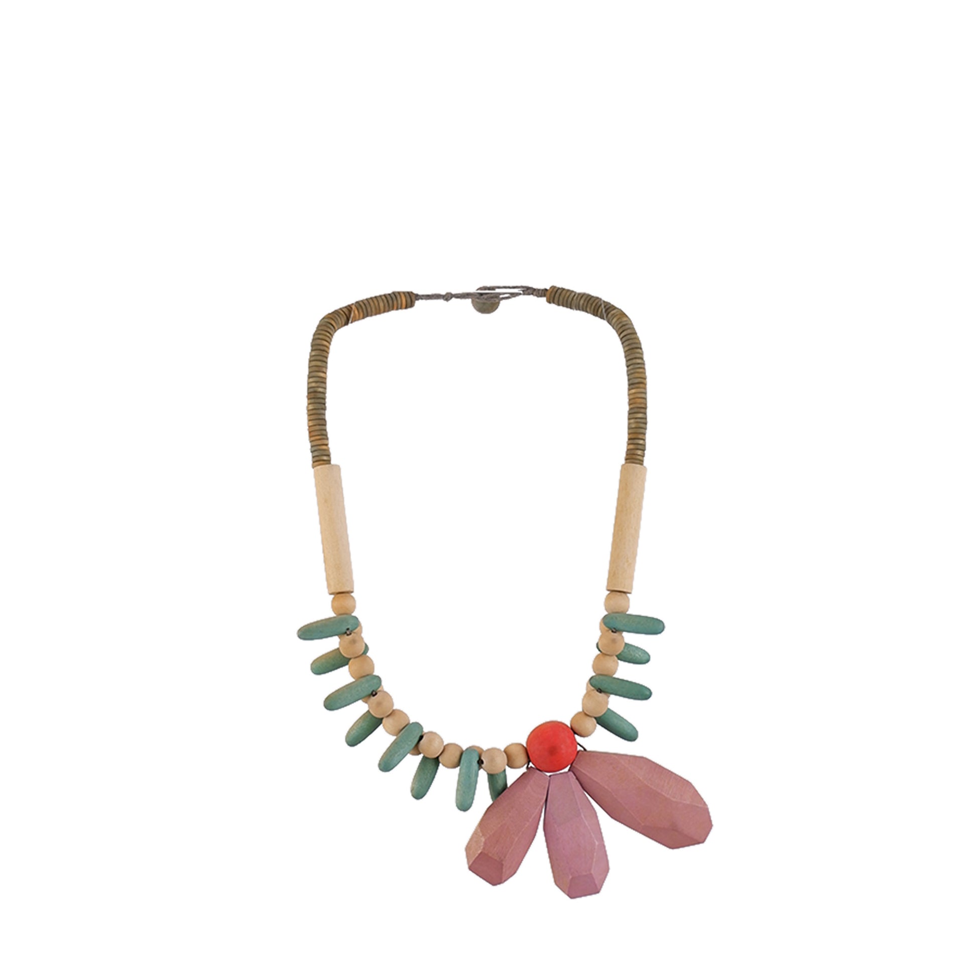 Pink, green handmade wooden necklace with faceted petal accent, crafted by a sustainable fashion accessories manufacturer. Delicate, eco-friendly, and artistic.